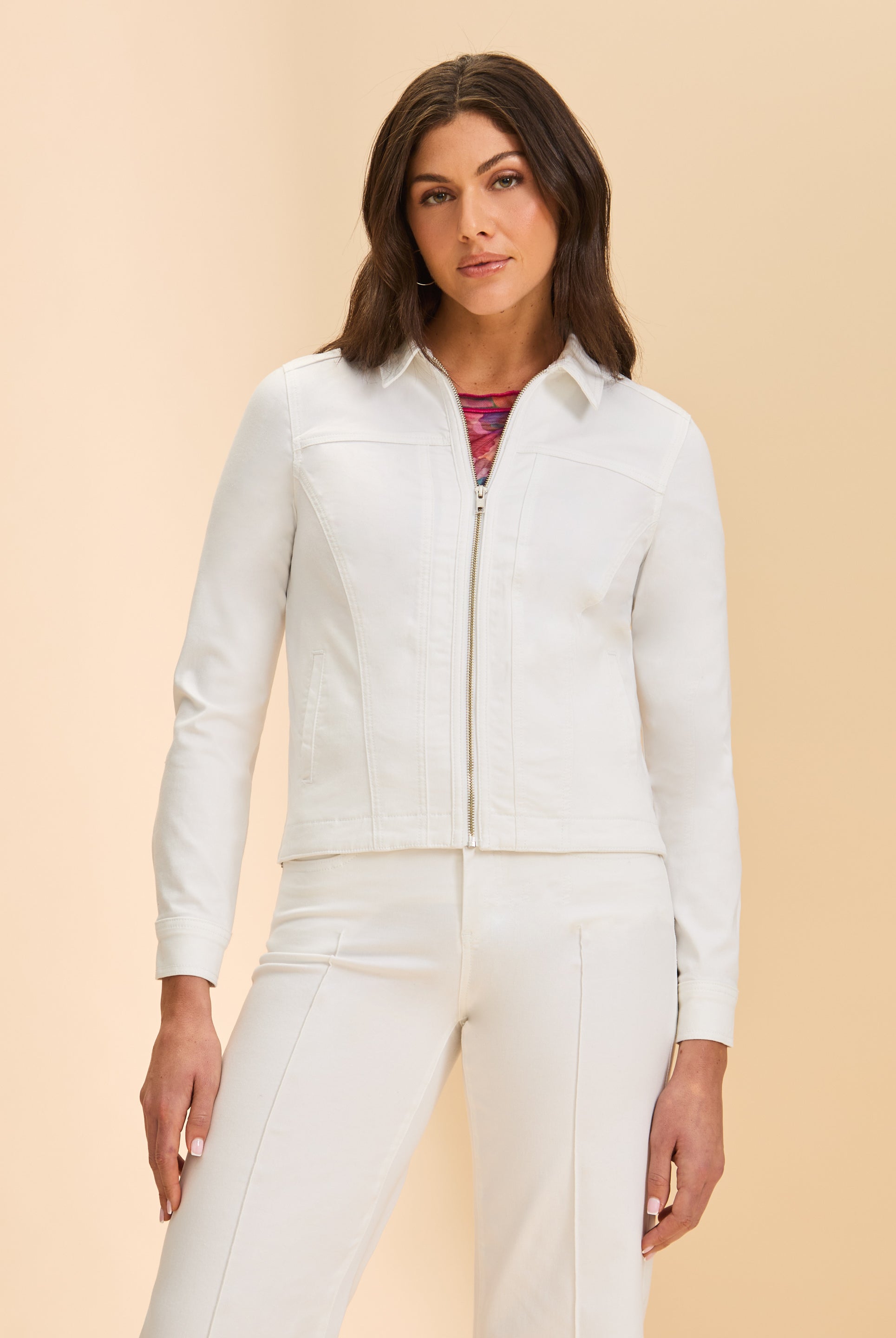 White jacket front view with zip and welt pockets by French Dressing Jeans (FDJ)