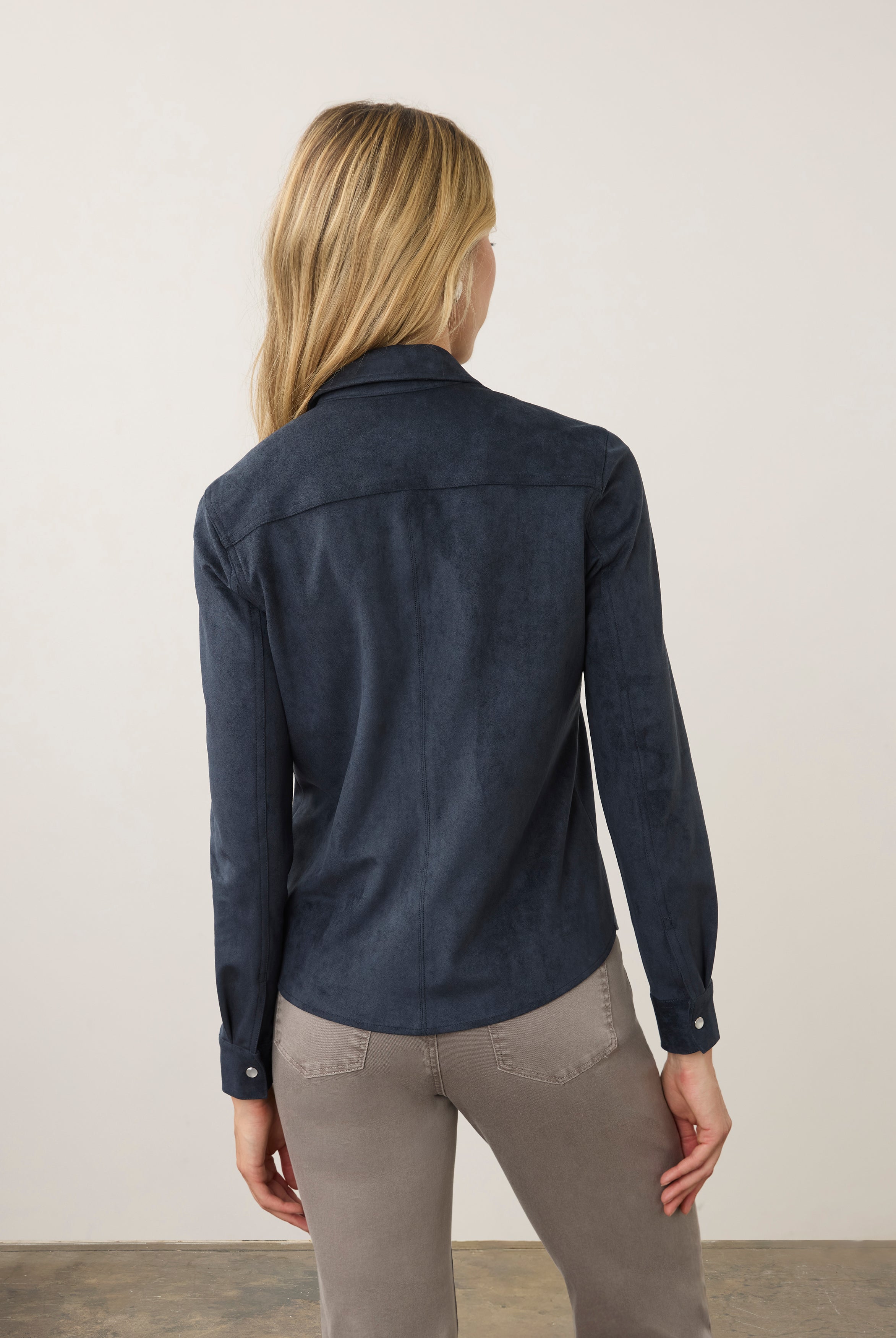 Back view of navy suede shirt showing smooth finish by French Dressing Jeans (FDJ)