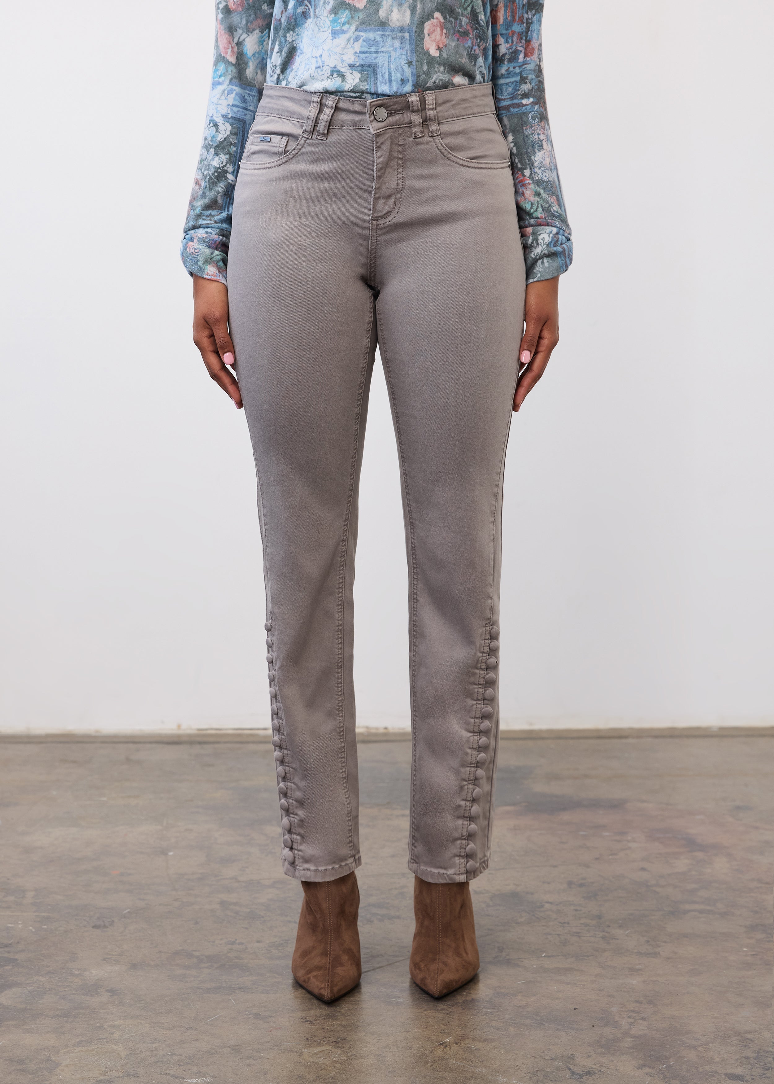 Front view of Olivia pencil leg denim in gray showing mid-rise waist and front pockets by French Dressing Jeans (FDJ)
