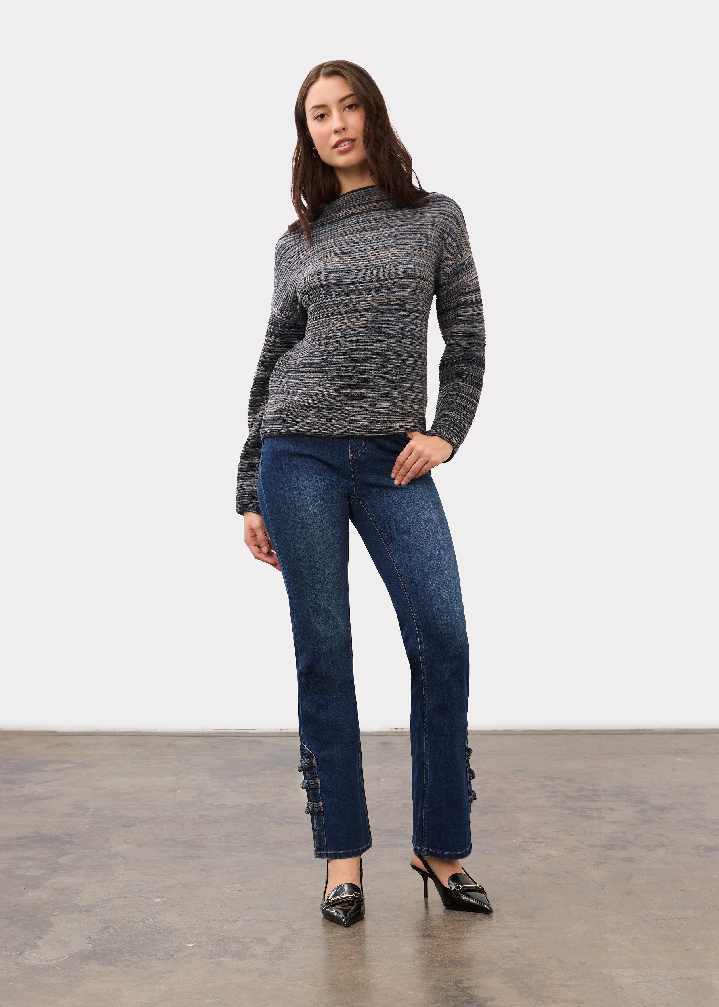 Full body view in dark blue denim with straight ankle cut and button accents by French Dressing Jeans (FDJ)