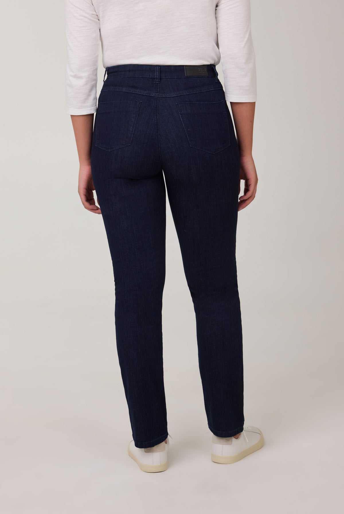 Back view of dark Delight straight leg jeans with patch pockets by French Dressing Jeans (FDJ)