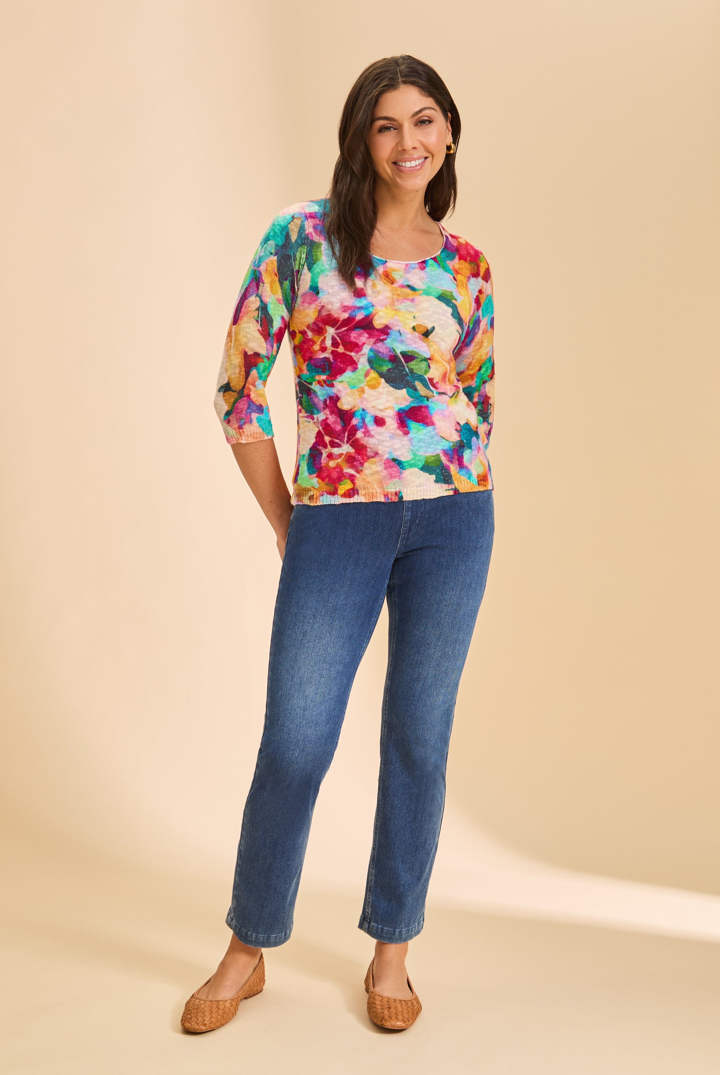 Floral print top with dark blue straight-leg jeans, full view by French Dressing Jeans (FDJ)