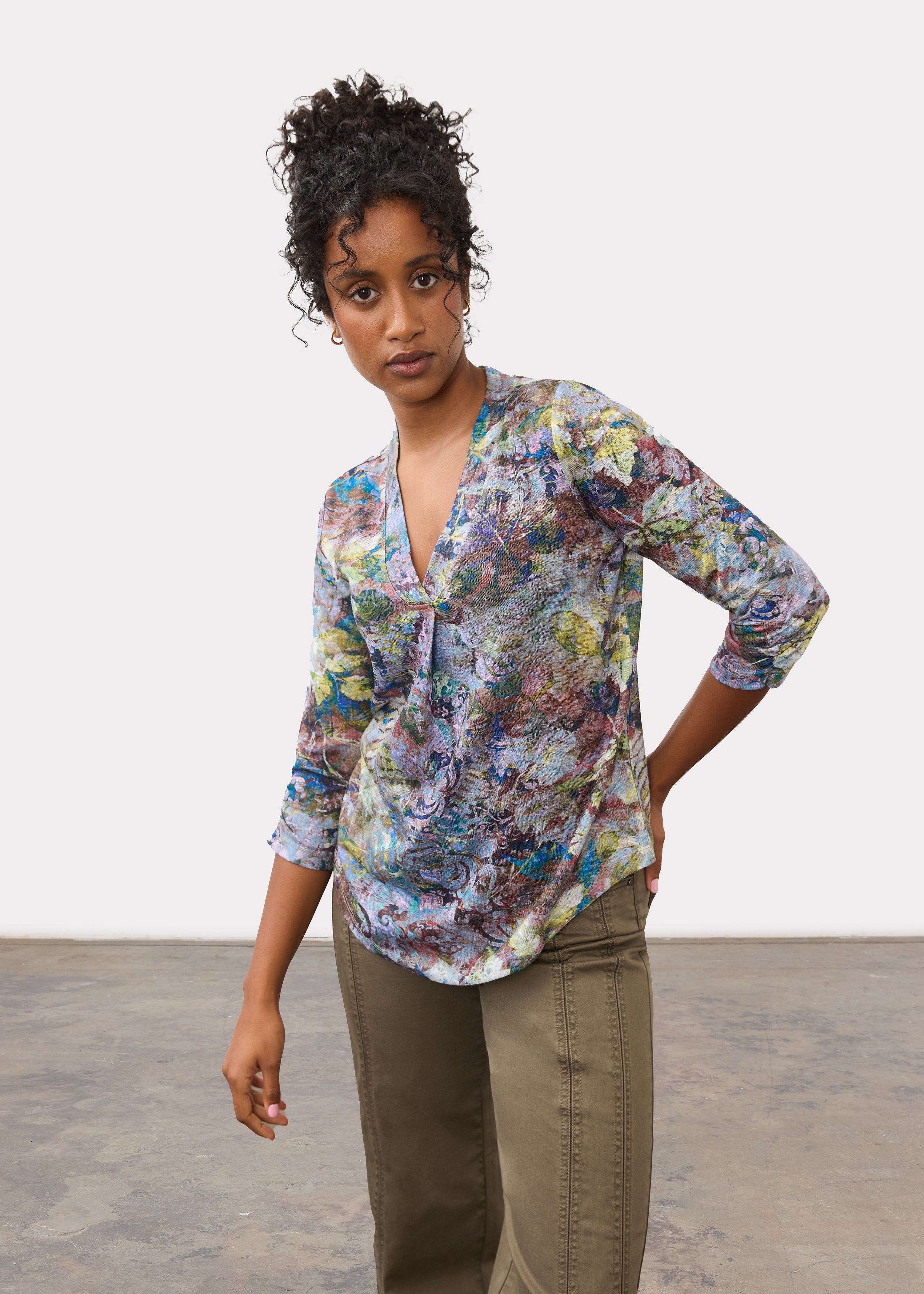 Front view of 3/4 sleeve V-neck top in Renaissance Bouquet pattern featuring a relaxed fit by French Dressing Jeans (FDJ)