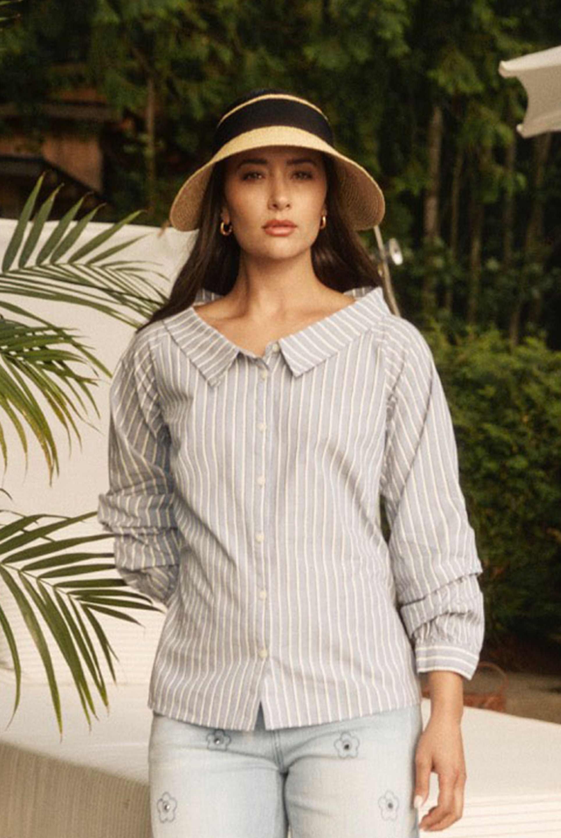Outdoor scene featuring striped long sleeve shirt with wide collar by French Dressing Jeans (FDJ)