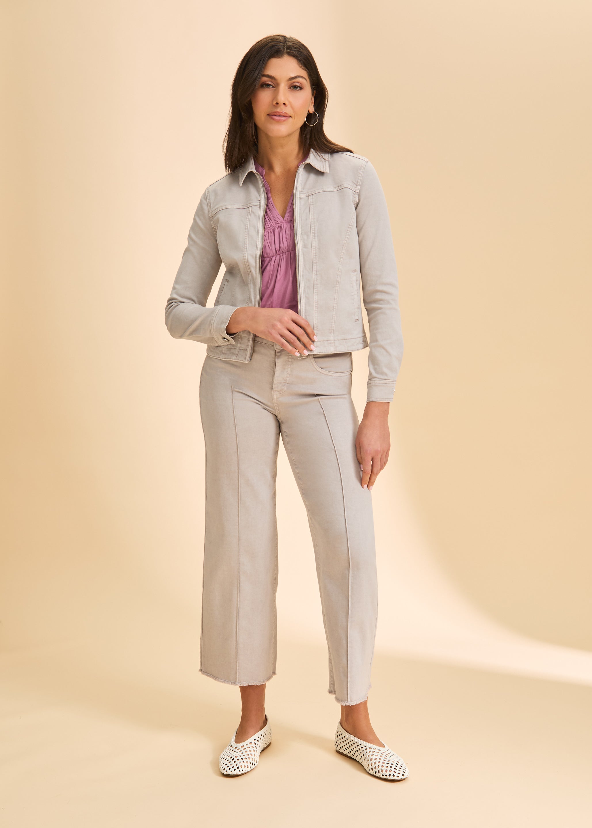 Taupe jacket styled with pink top and pants by French Dressing Jeans (FDJ)