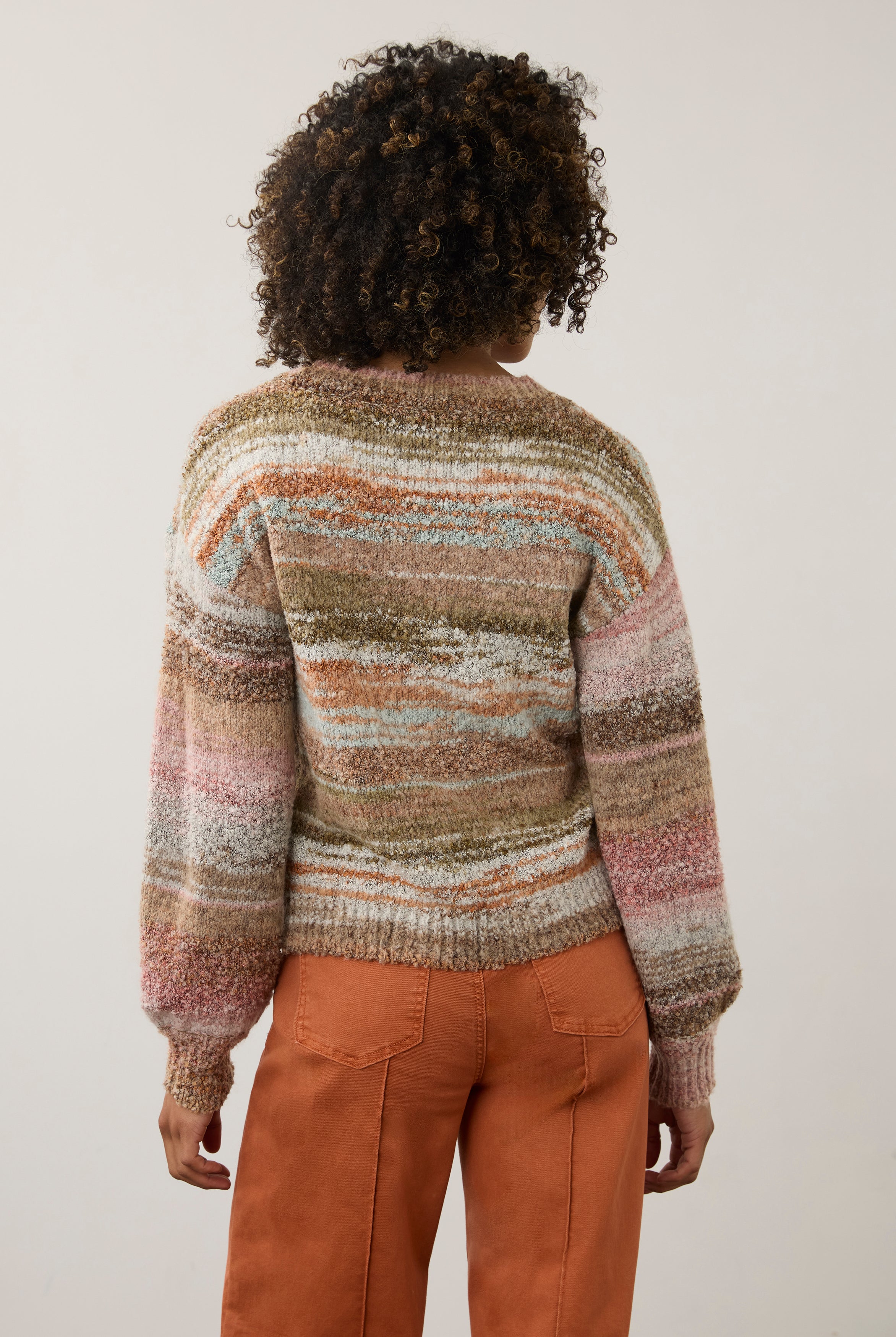 Back view of natural spacedye sweater showing textured boucle knit design by French Dressing Jeans (FDJ)
