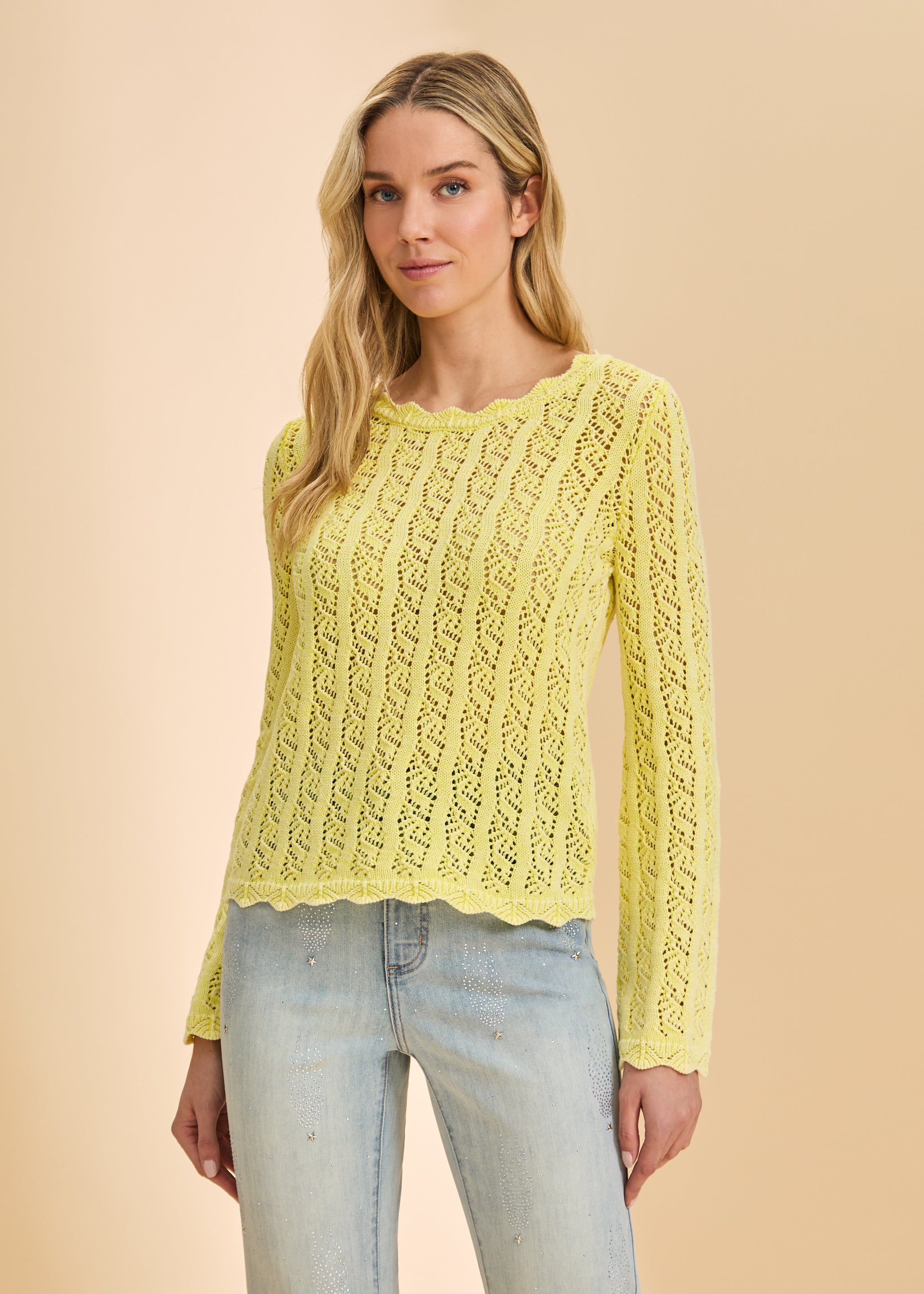 Front view of yellow lace sweater with long sleeves by French Dressing Jeans (FDJ)