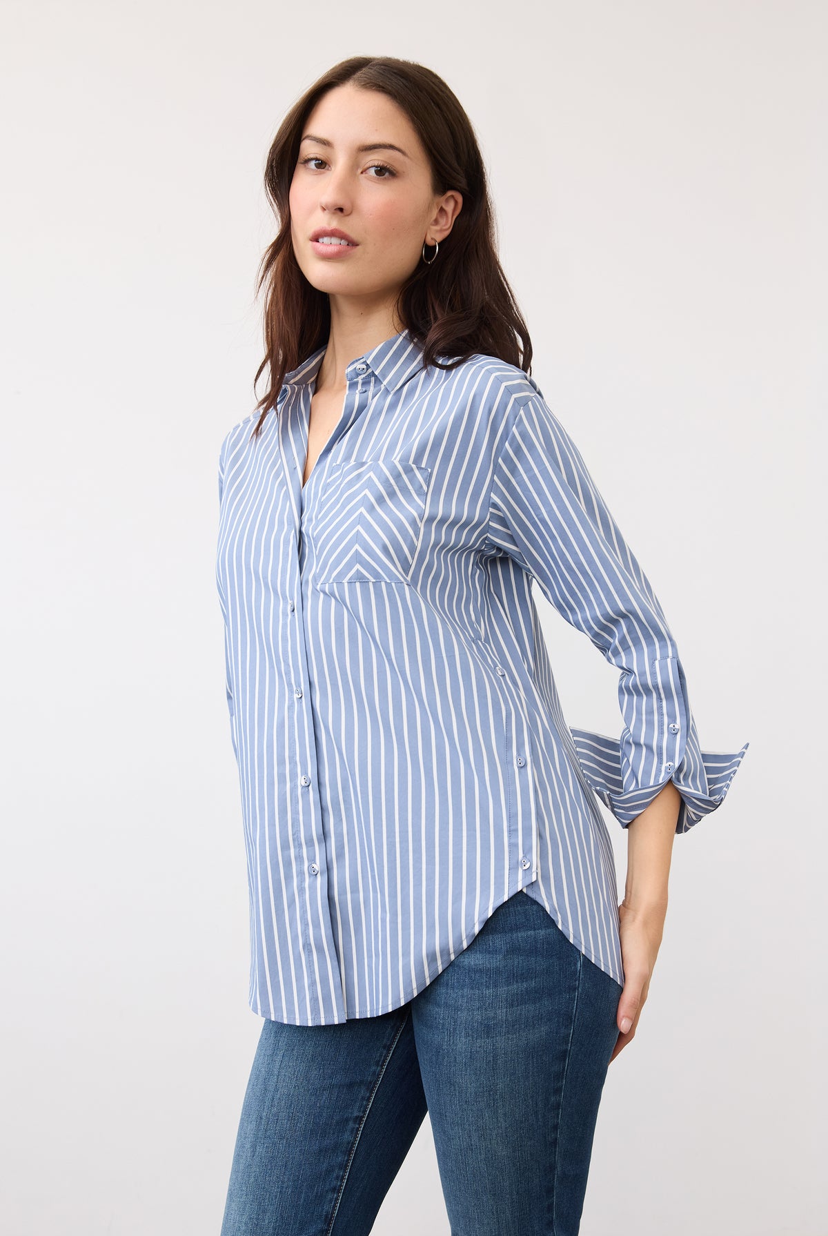 Front view of blue striped shirt with rolled sleeves and patch pocket by French Dressing Jeans (FDJ)