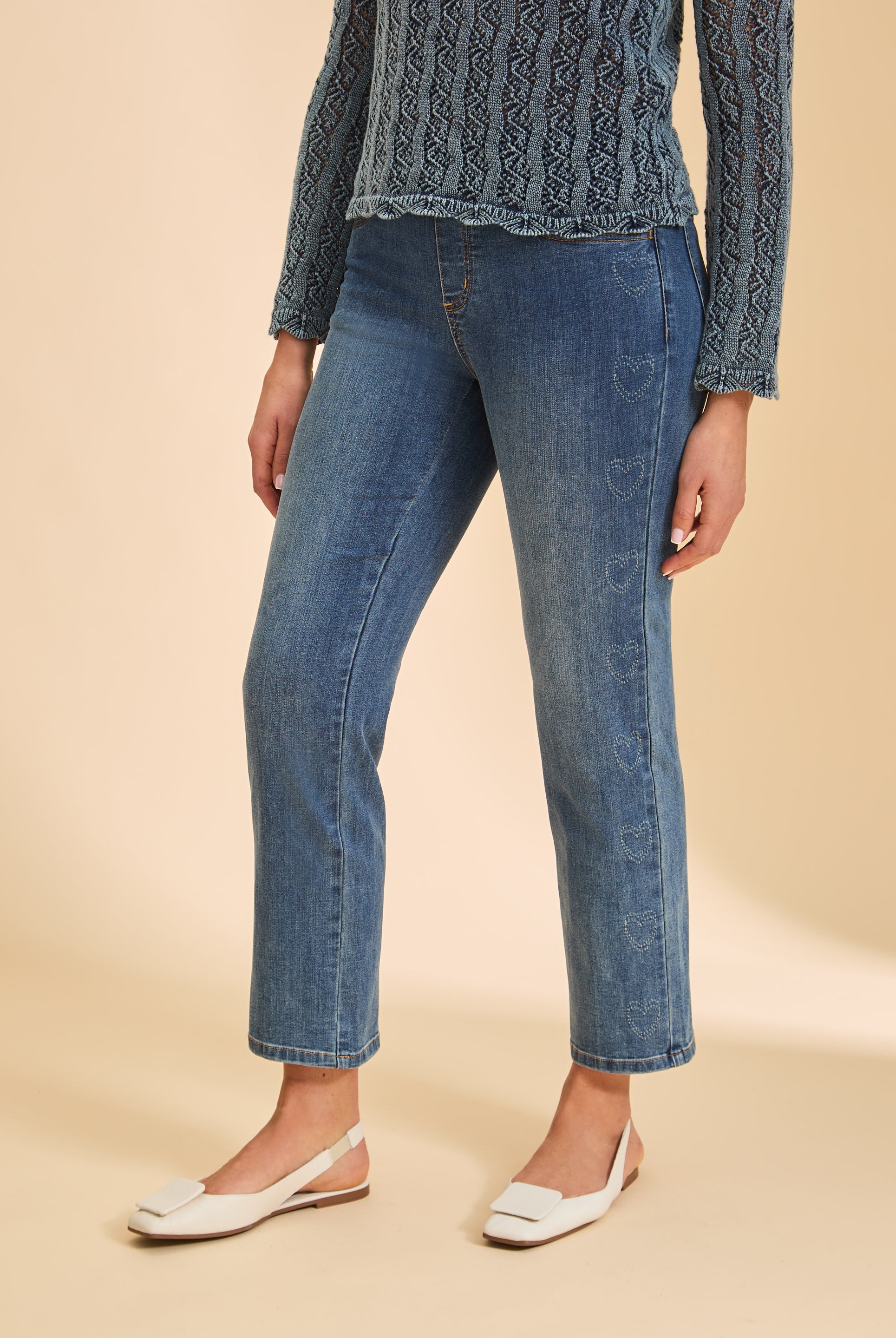 Front view of indigo pull-on straight ankle denim with heart patterns by French Dressing Jeans (FDJ)