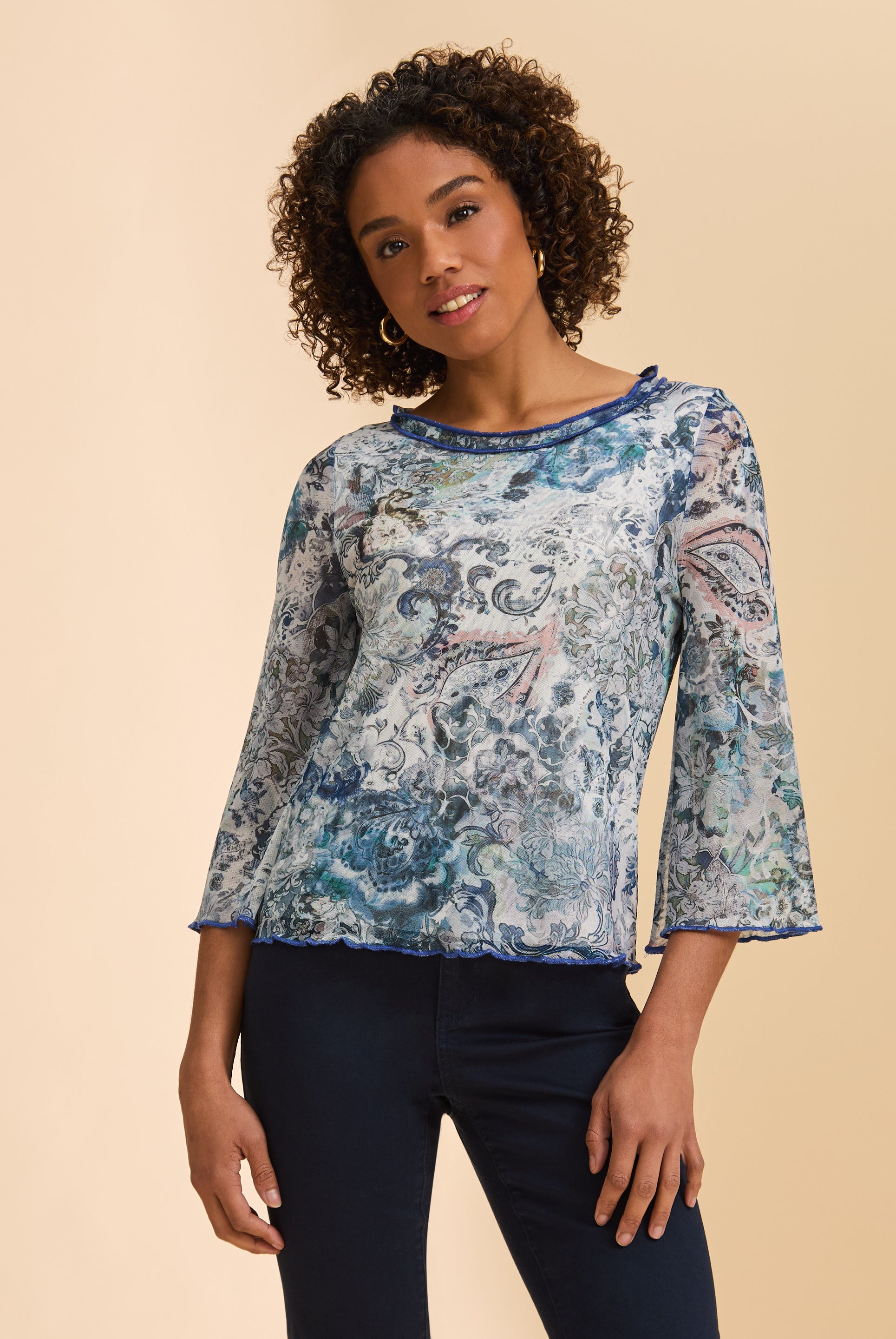 Front view of blue and white paisley top with bell sleeves by French Dressing Jeans (FDJ)