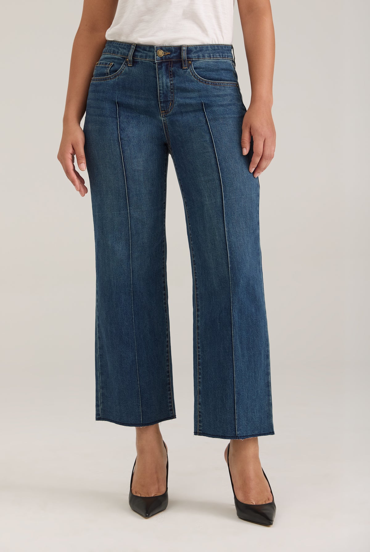 Front view of Olivia wide ankle denim in dark wash showing mid-rise fit and wide legs by French Dressing Jeans (FDJ)