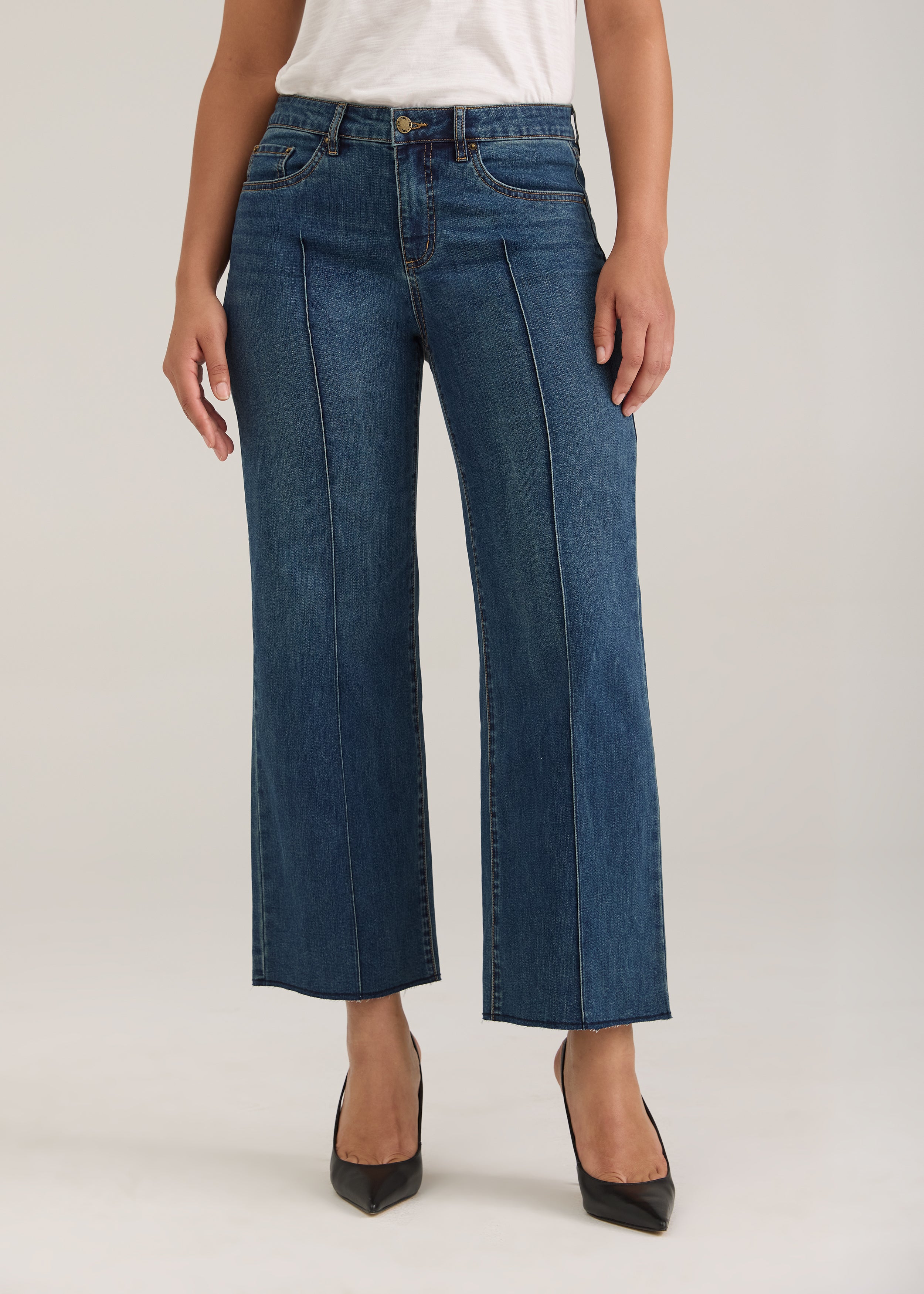 Front view of Olivia wide ankle denim in dark wash showing mid-rise fit and wide legs by French Dressing Jeans (FDJ)