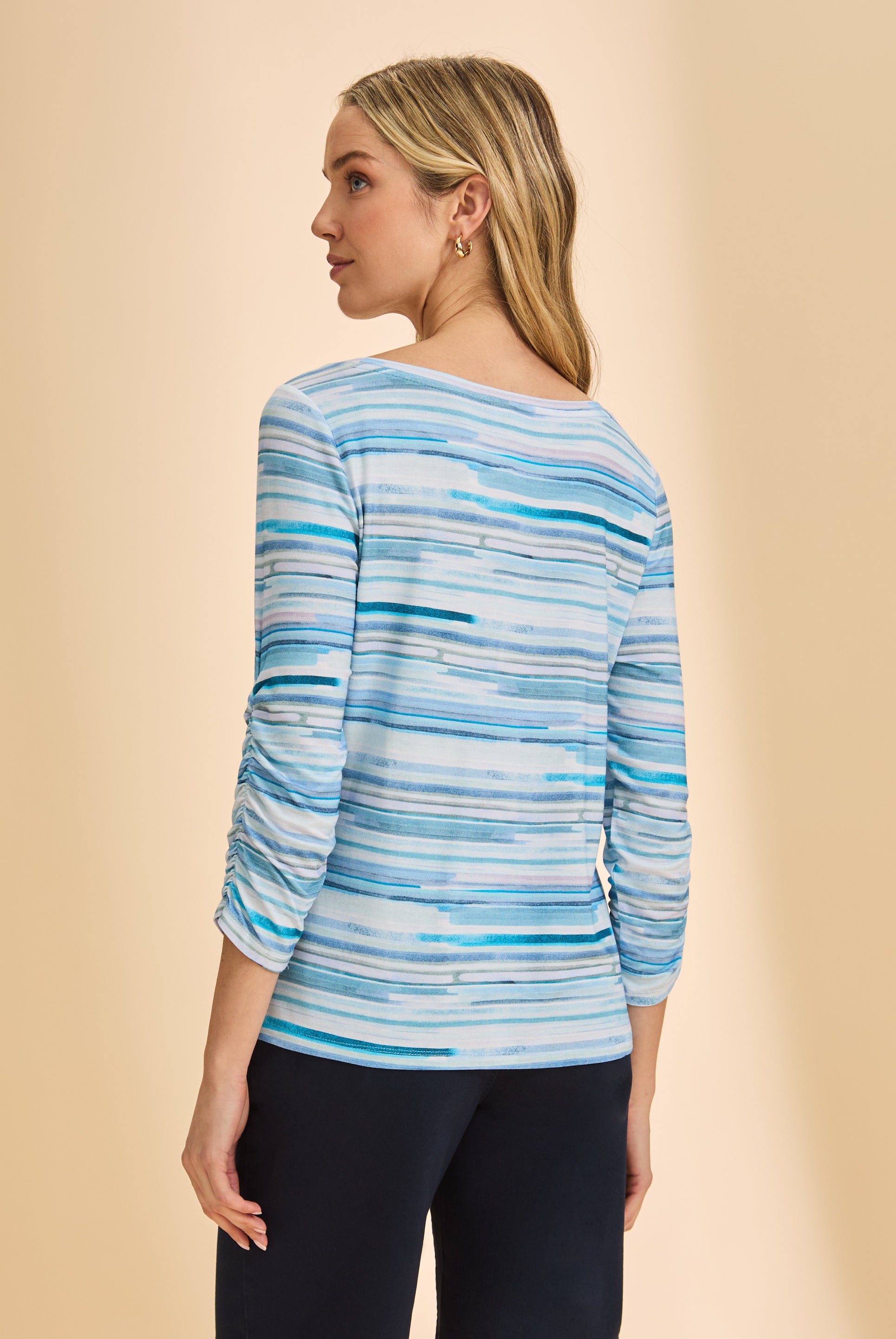 Back view of blue striped top highlighting pattern continuity and fit by French Dressing Jeans (FDJ)