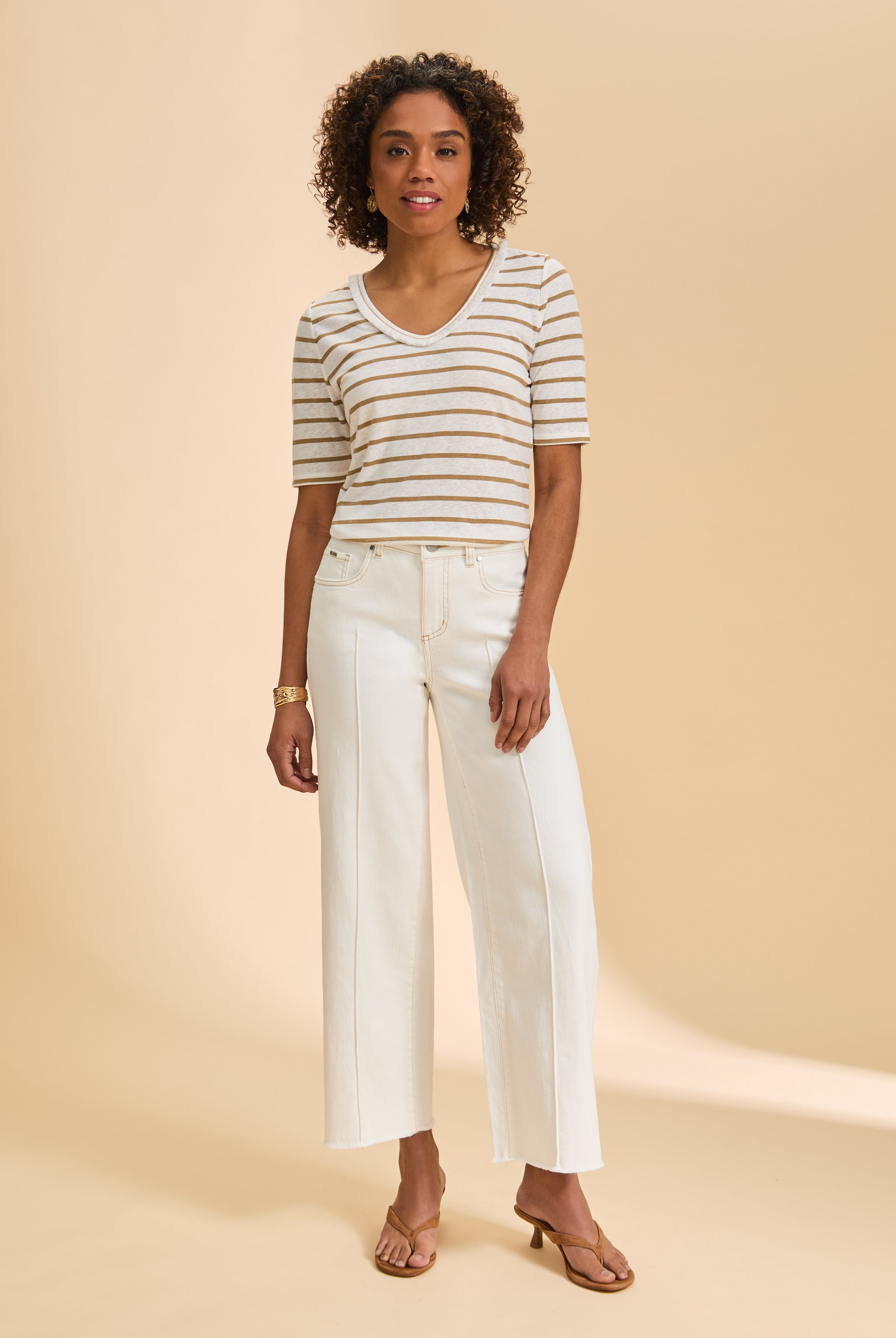 Front view of ivory straight ankle denim with seam detailing and high-rise by French Dressing Jeans (FDJ)