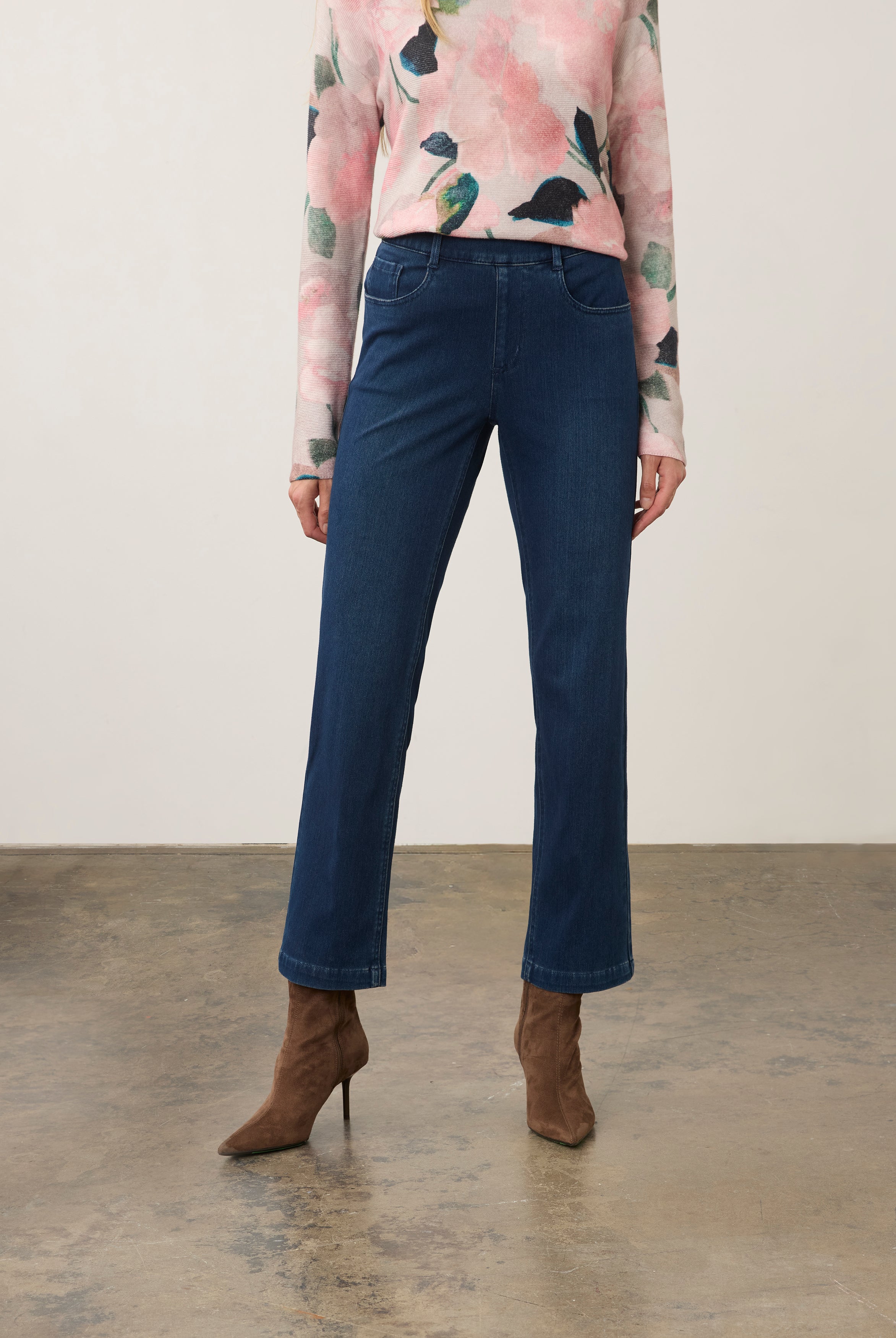 Dark rinse straight-leg jeans with front view highlighting waistband and pocket style by French Dressing Jeans (FDJ)