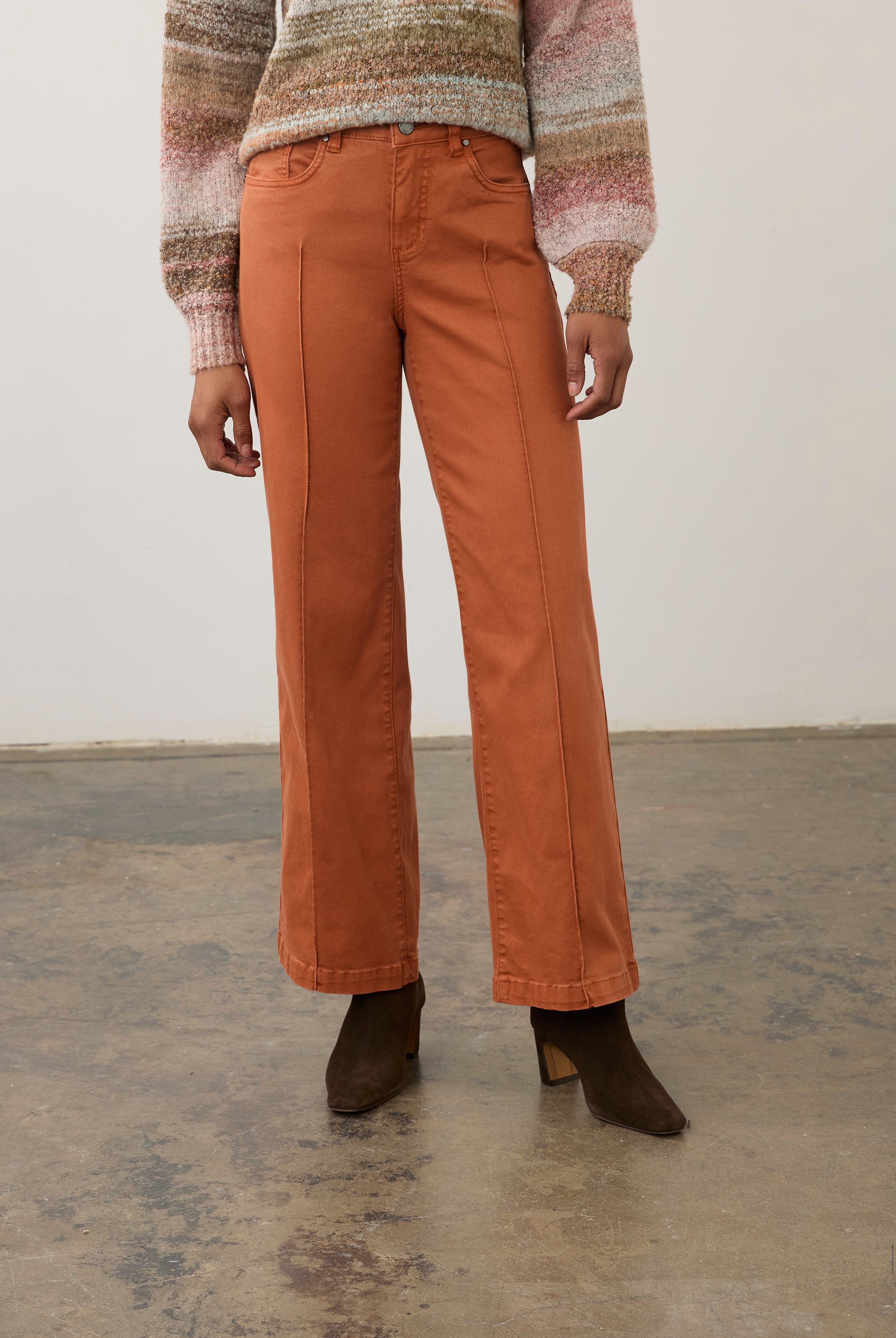 Front view of terracotta wide-leg denim with mid-rise waistband by French Dressing Jeans (FDJ) par French Dressing Jeans (FDJ)