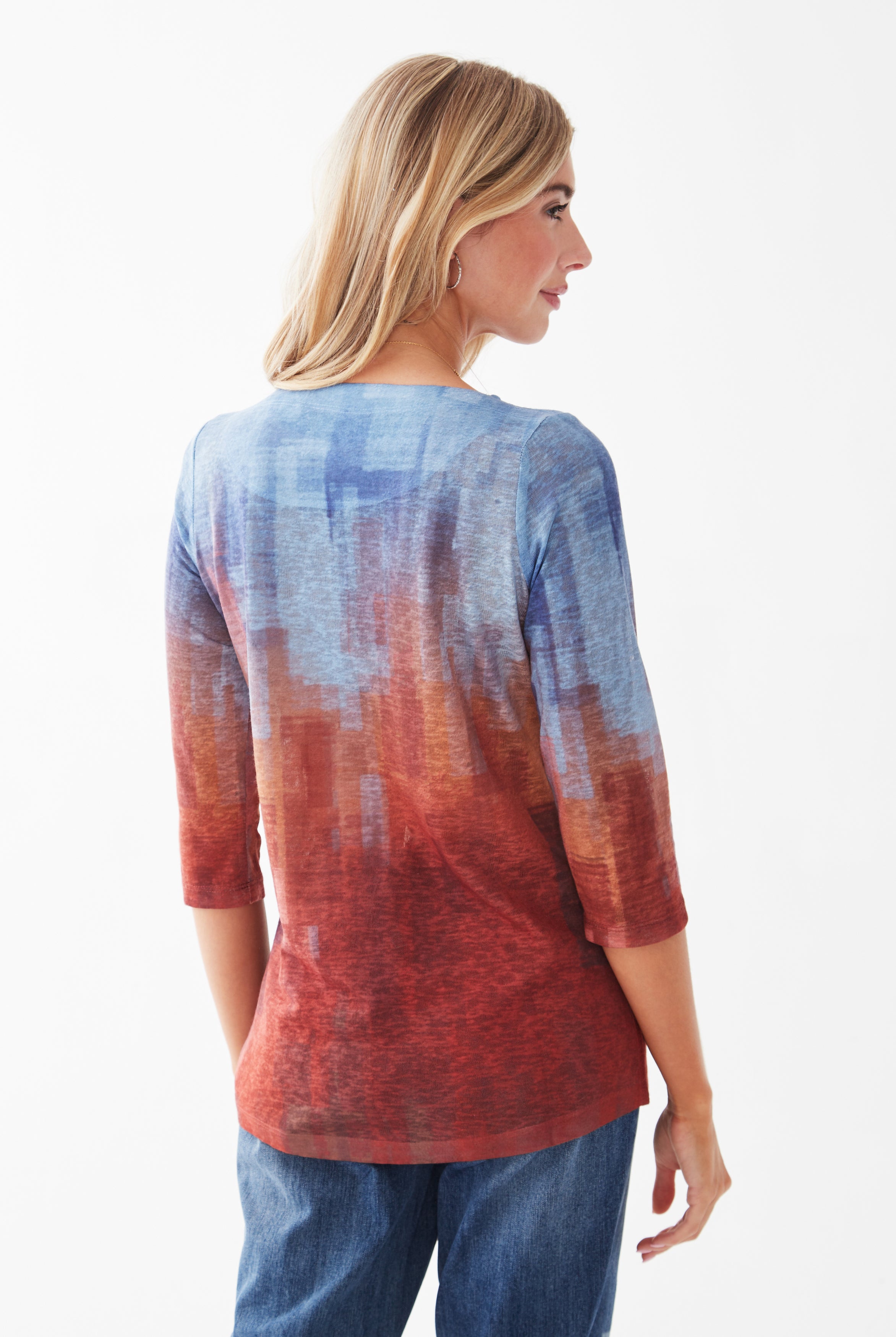 PRINTED 3-4 SLEEVE BOATNECK TOP