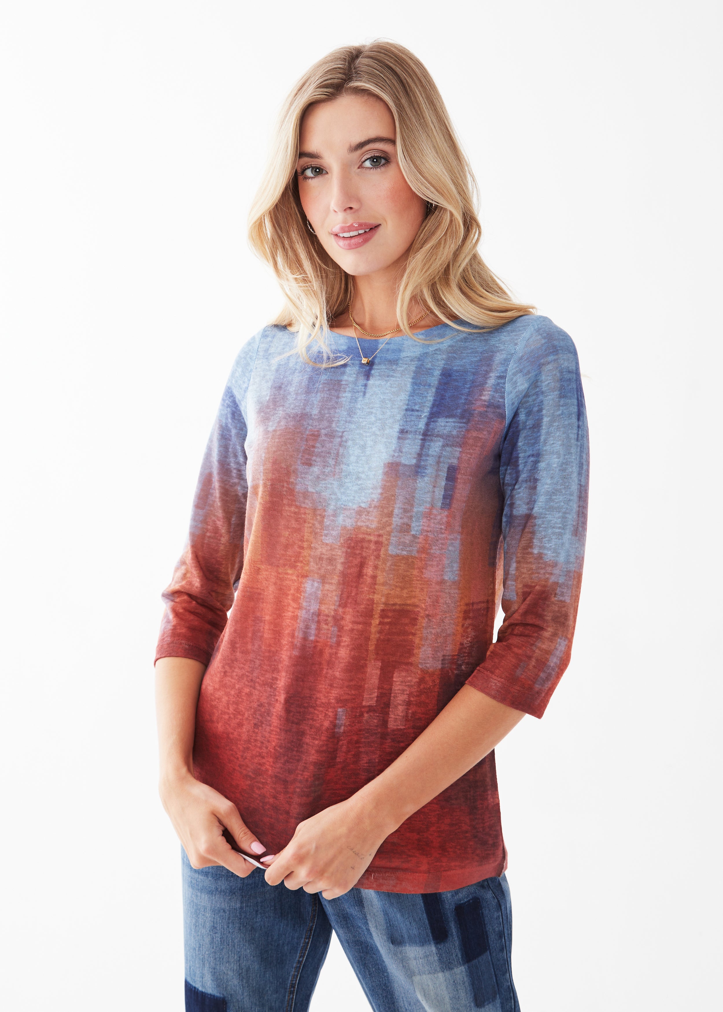 PRINTED 3-4 SLEEVE BOATNECK TOP
