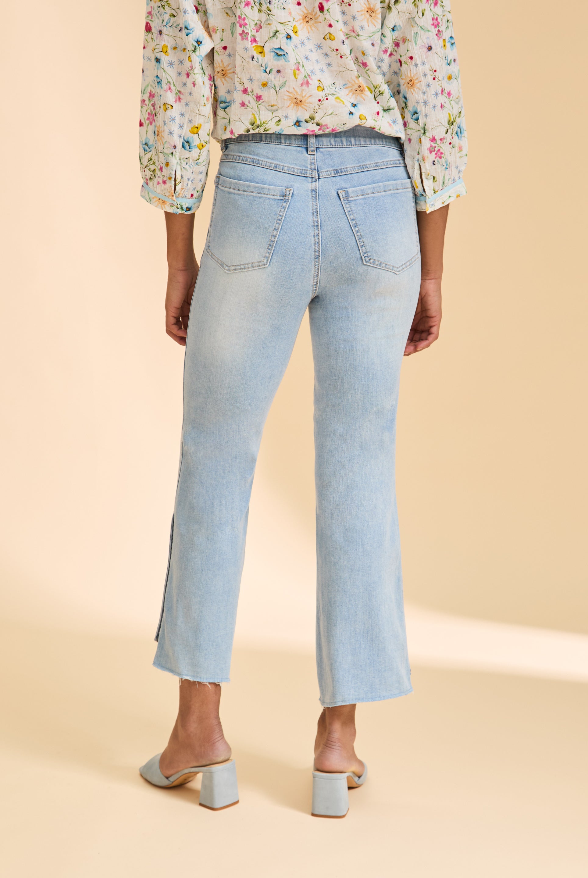 Back view of blue eclipse boot crop denim highlighting back patch pockets by French Dressing Jeans (FDJ)