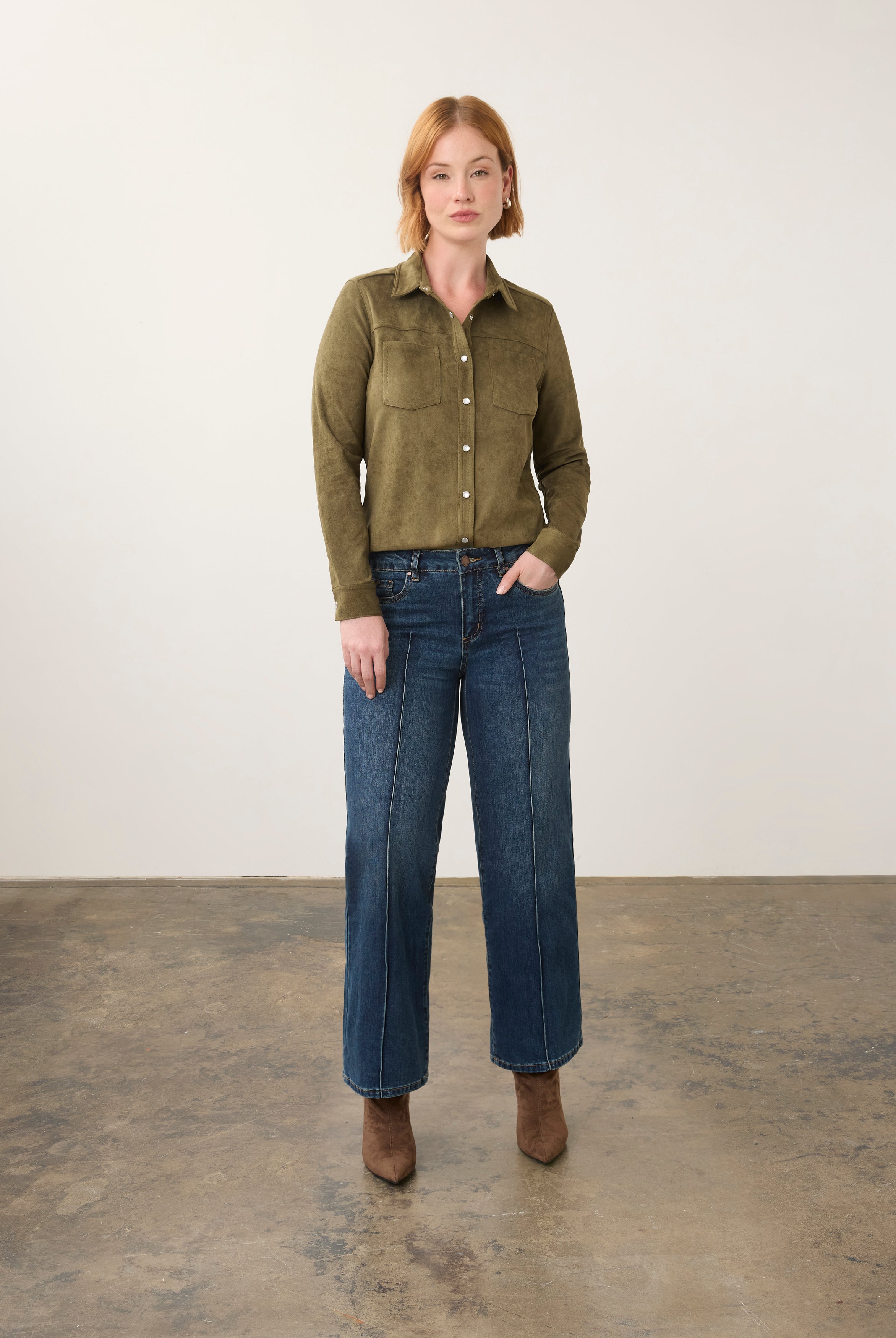 Model in olive suede shirt and jeans, full body view by French Dressing Jeans (FDJ)