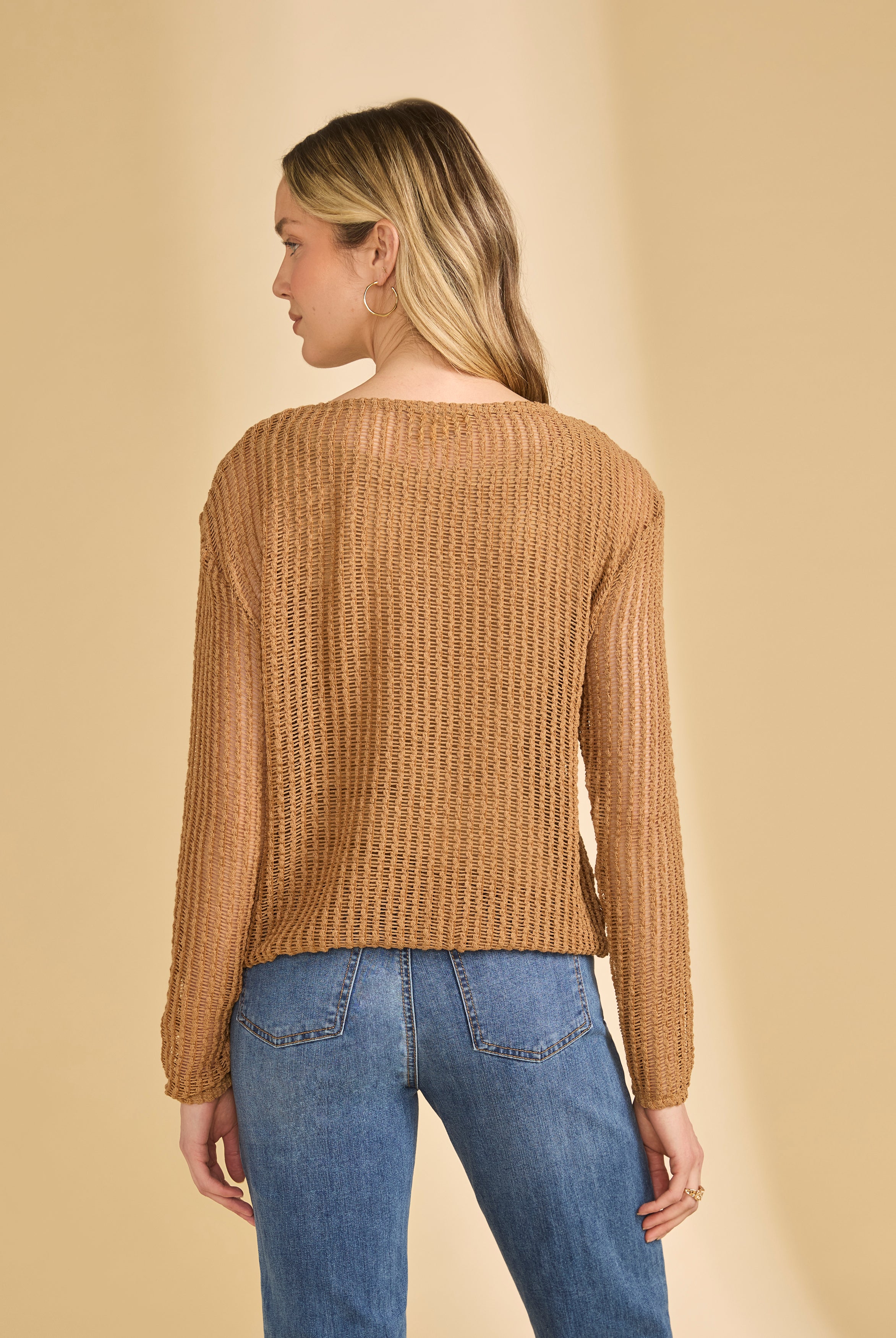 Back view of tan mesh top showcasing lightweight fabric and long sleeves by French Dressing Jeans (FDJ)