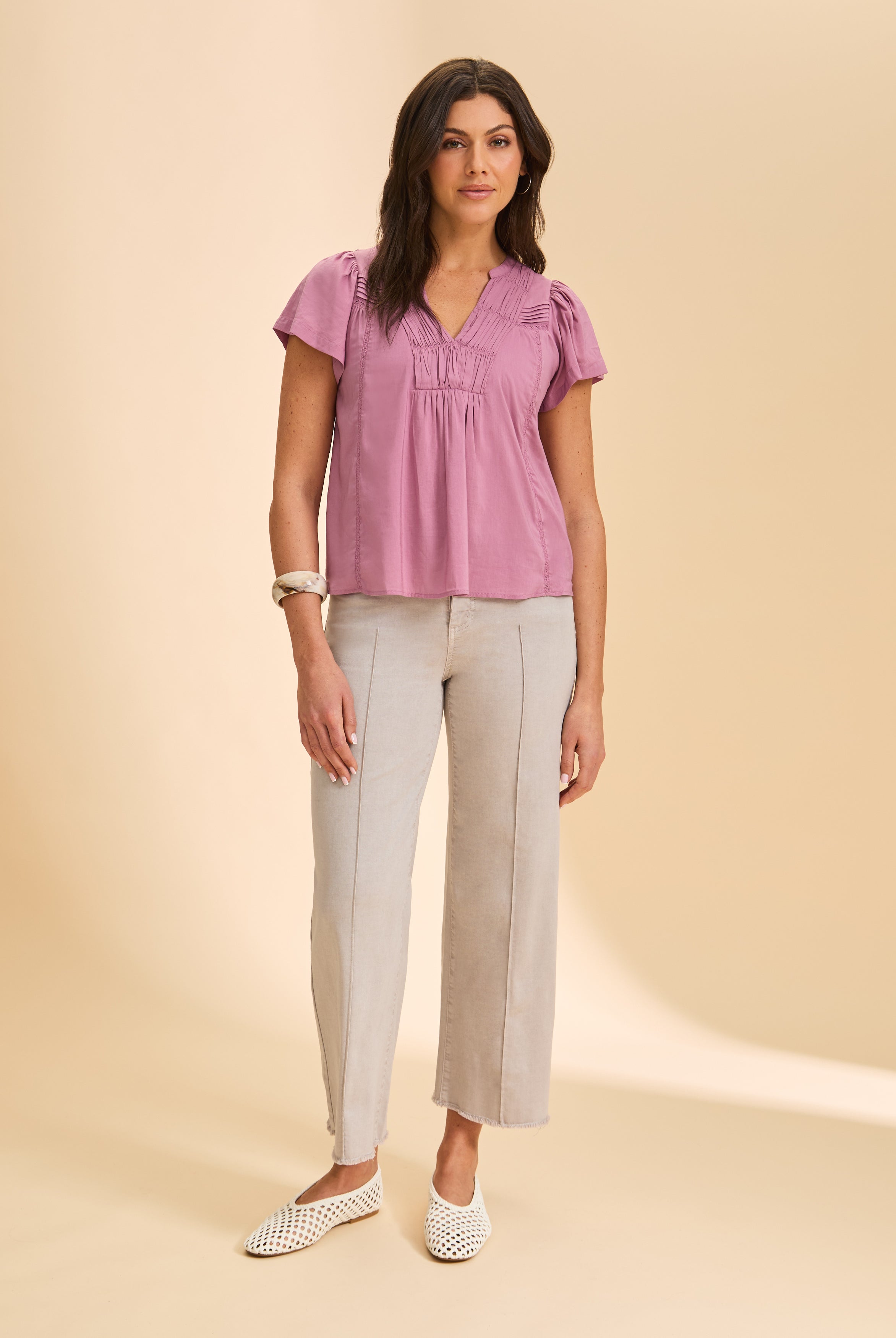 Purple top with taupe wide-leg pants full view by French Dressing Jeans (FDJ)