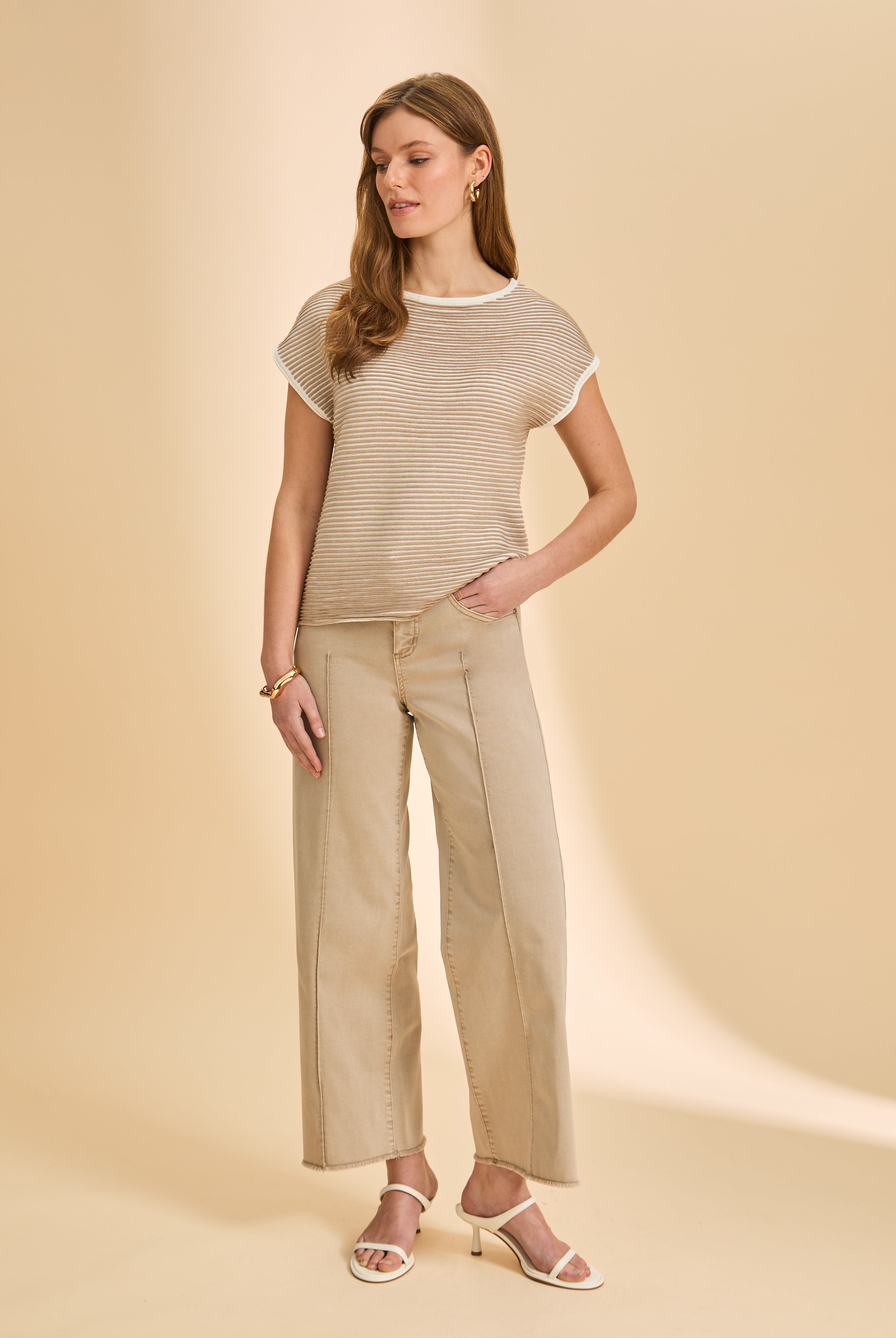 Striped top with beige wide-leg pants full view by French Dressing Jeans (FDJ)