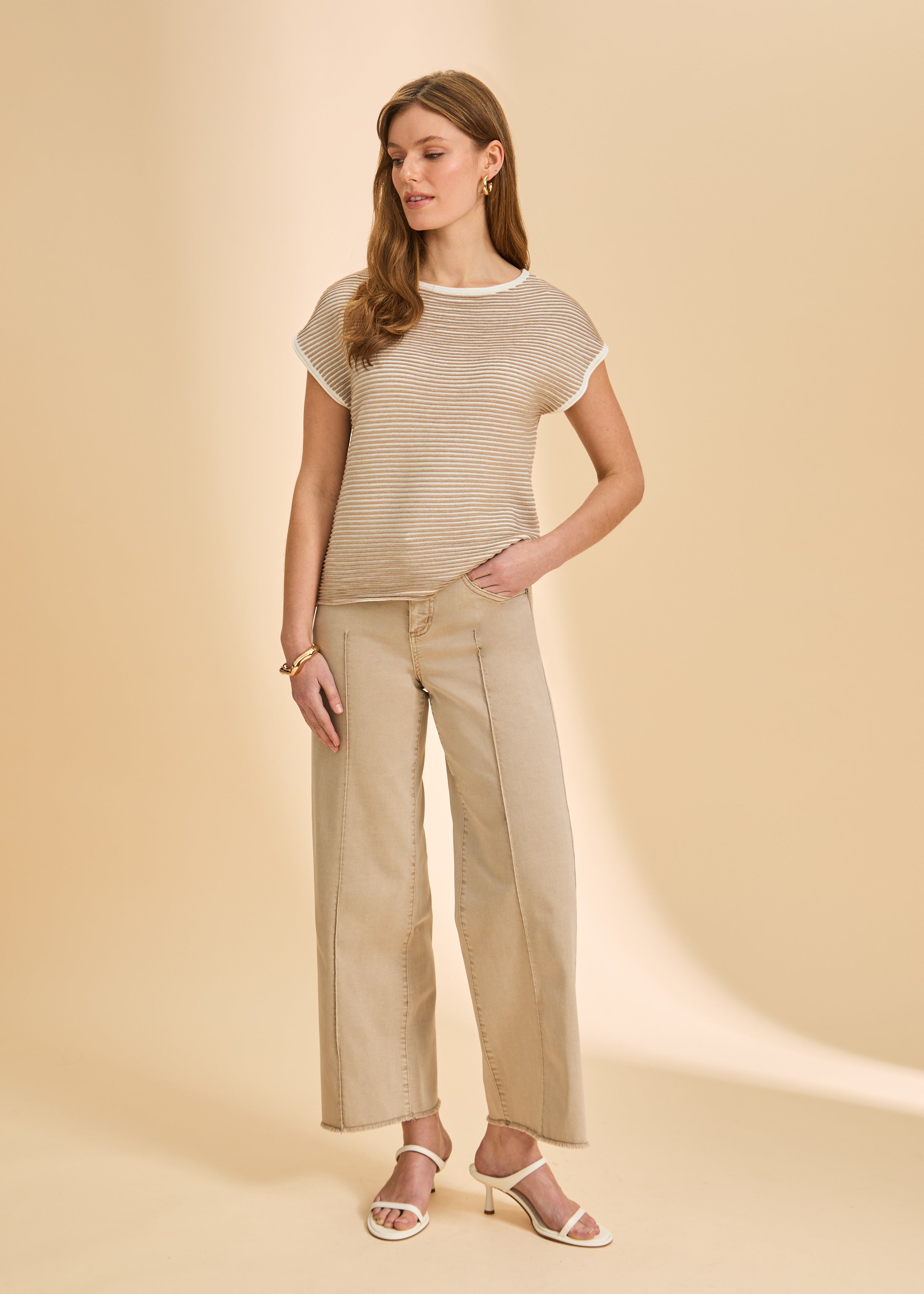 Striped top with beige wide-leg pants full view by French Dressing Jeans (FDJ)