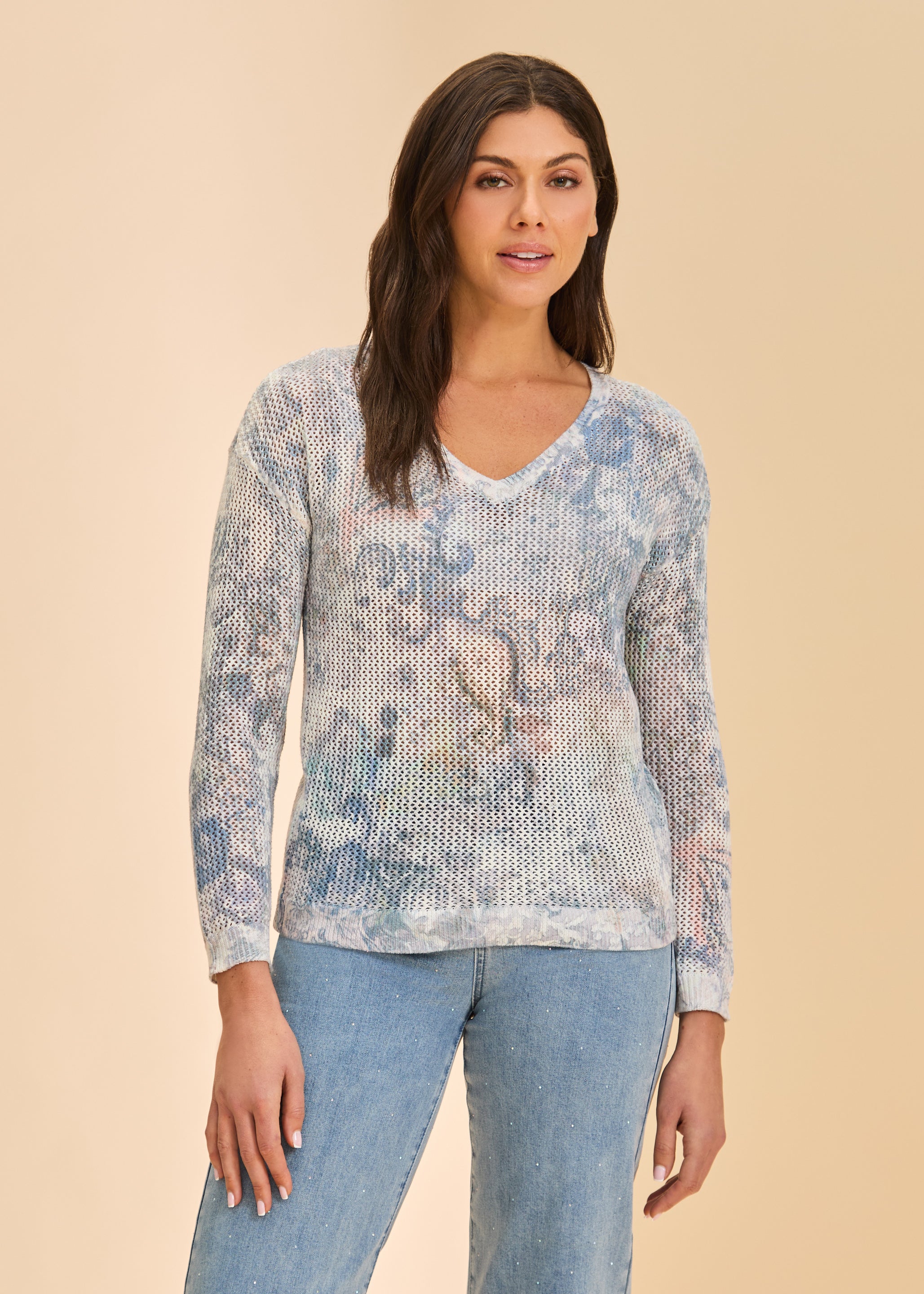 Front view of blue mesh floral sweater with v-neckline by French Dressing Jeans (FDJ)
