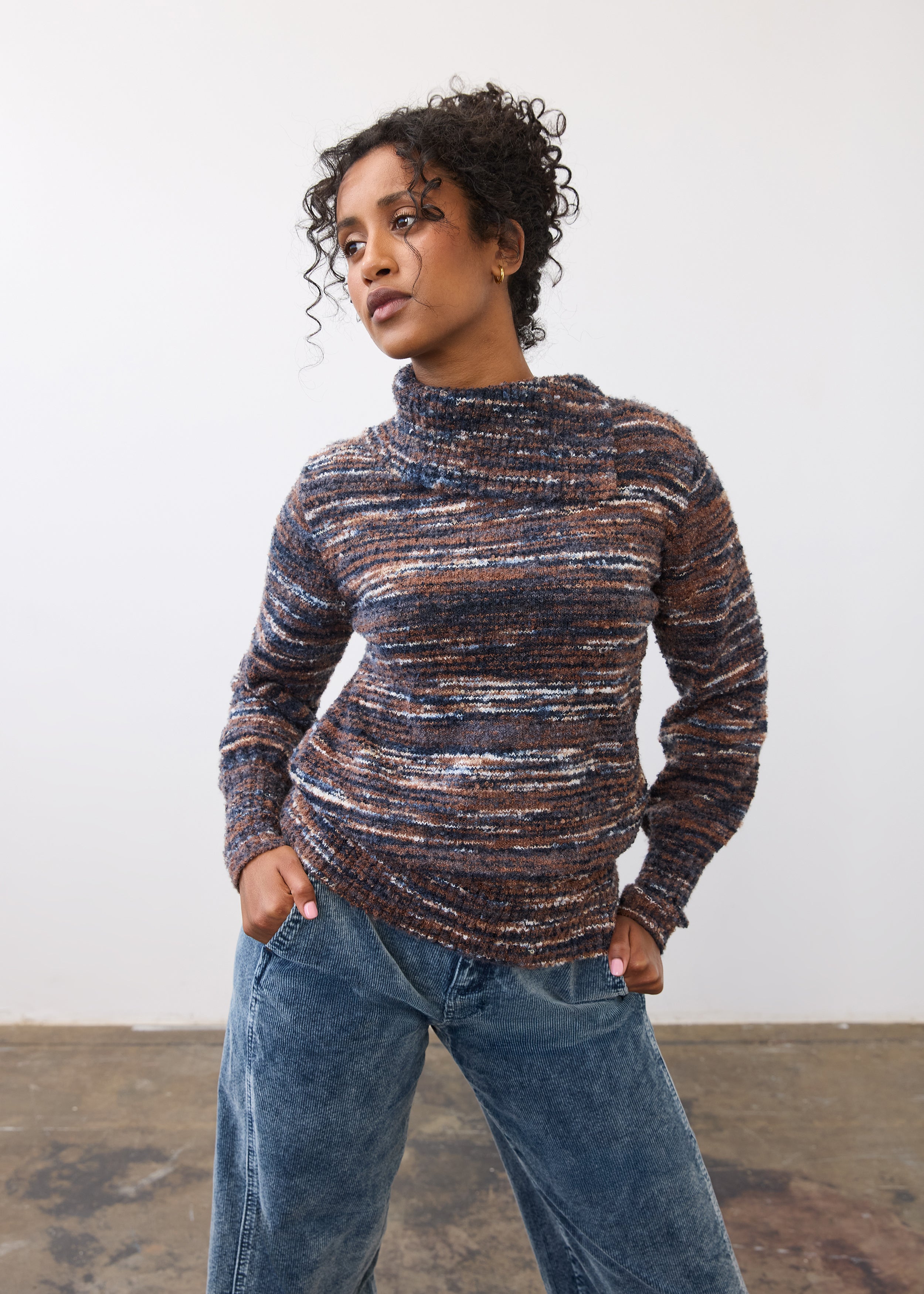 Front view of indigo spacedye sweater featuring enveloppe collar and long sleeves by French Dressing Jeans (FDJ)
