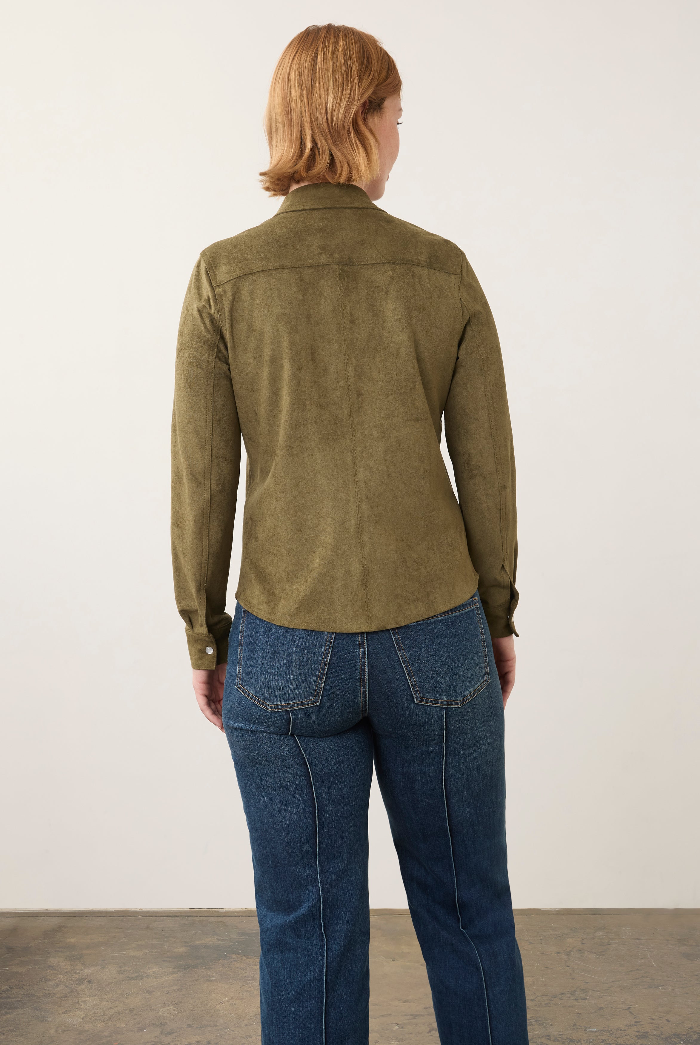 Back view of olive suede shirt highlighting smooth texture by French Dressing Jeans (FDJ)