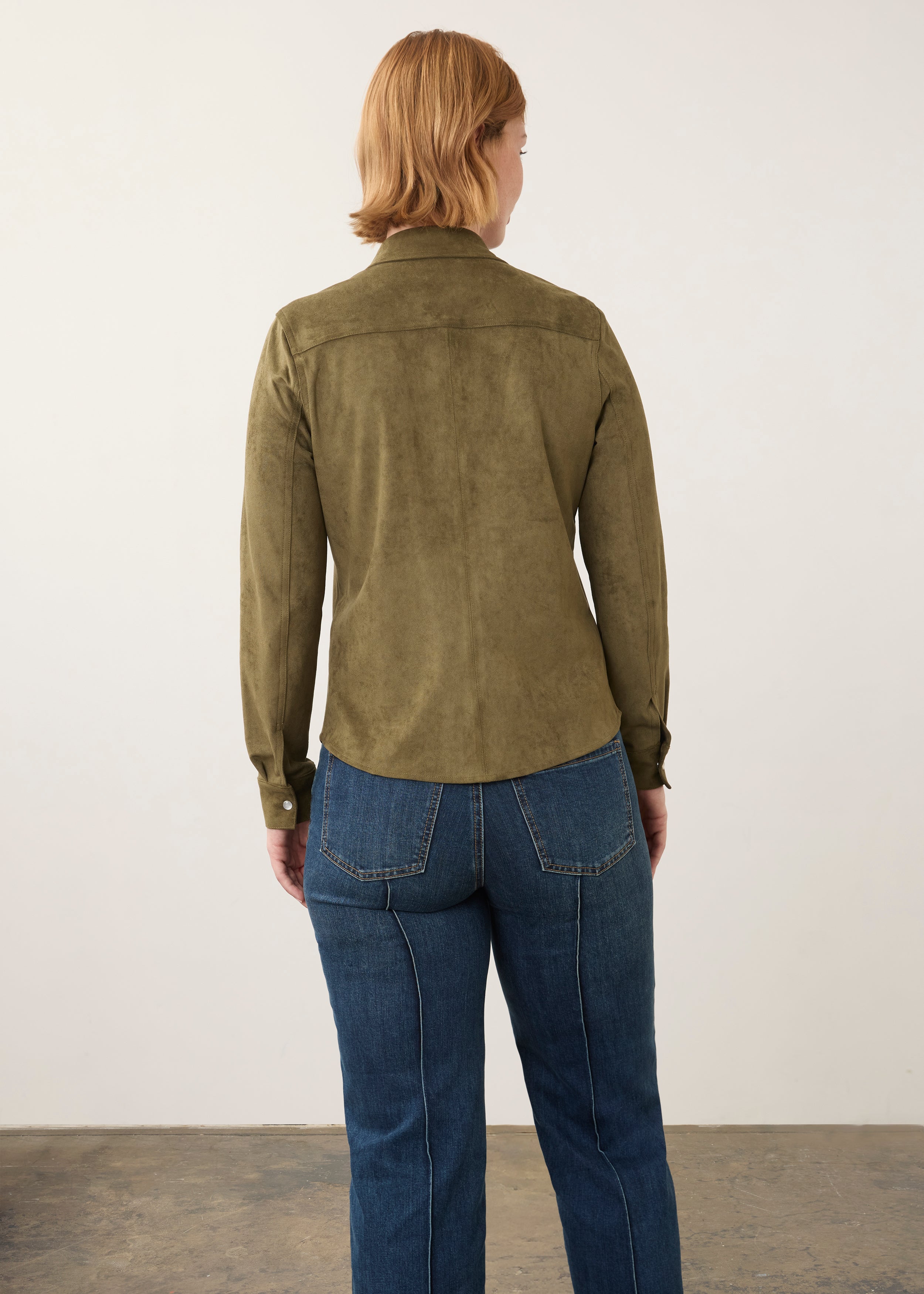Back view of olive suede shirt highlighting smooth texture by French Dressing Jeans (FDJ)