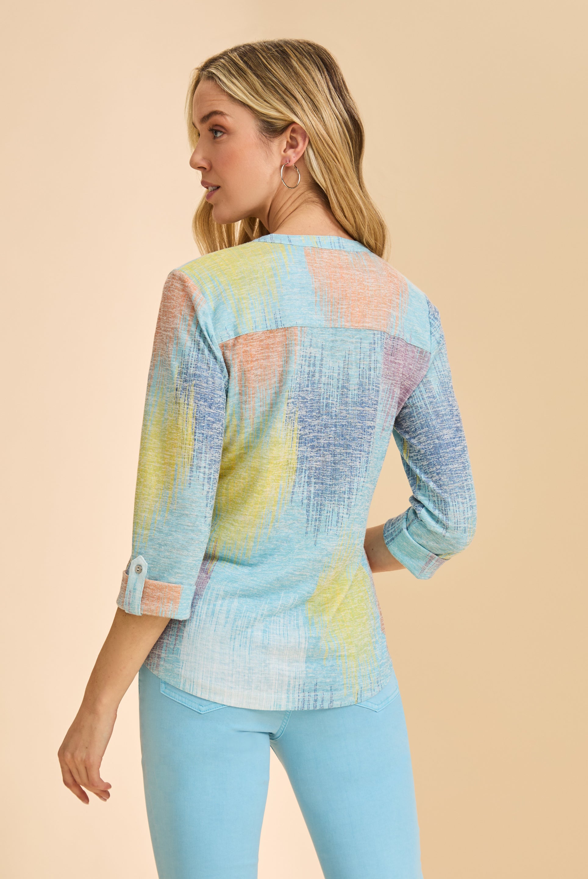 Back view of pastel patterned top showcasing colorful print by French Dressing Jeans (FDJ)