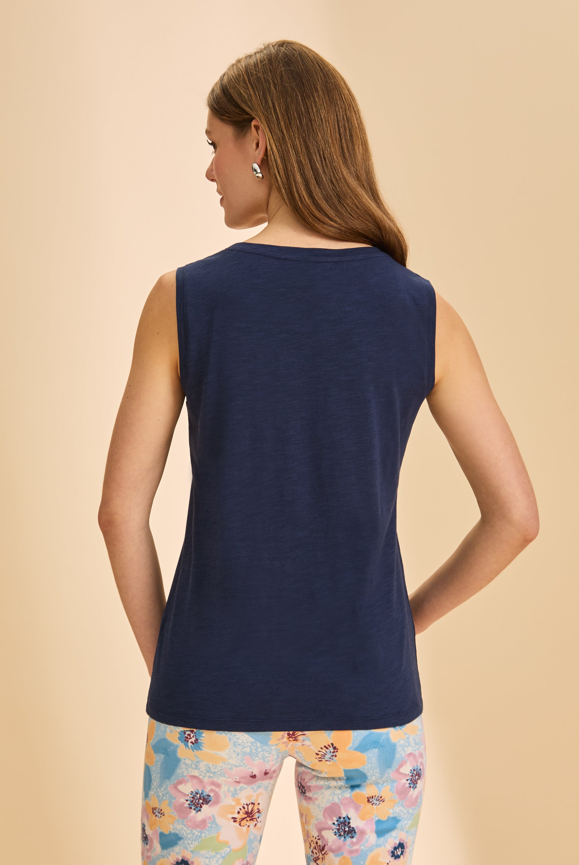 Back view of navy sleeveless top highlighting classic design and comfortable fit by French Dressing Jeans (FDJ)
