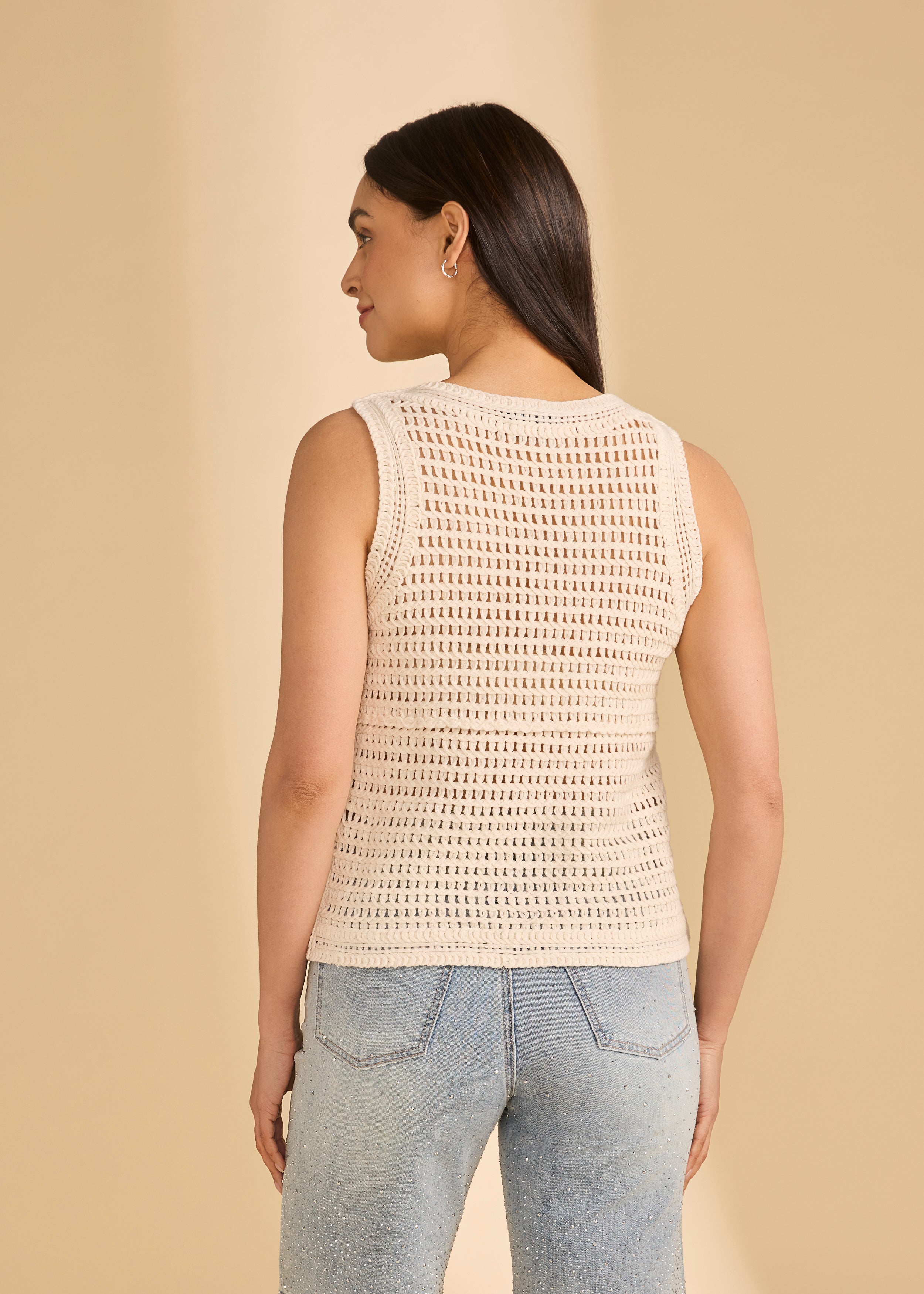 Back view of cream crochet tank featuring open knit design by French Dressing Jeans (FDJ)