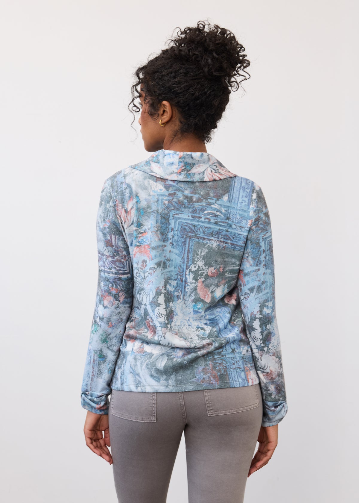 Back view of indigo cowl neck top highlighting floral print and relaxed fit by French Dressing Jeans (FDJ)