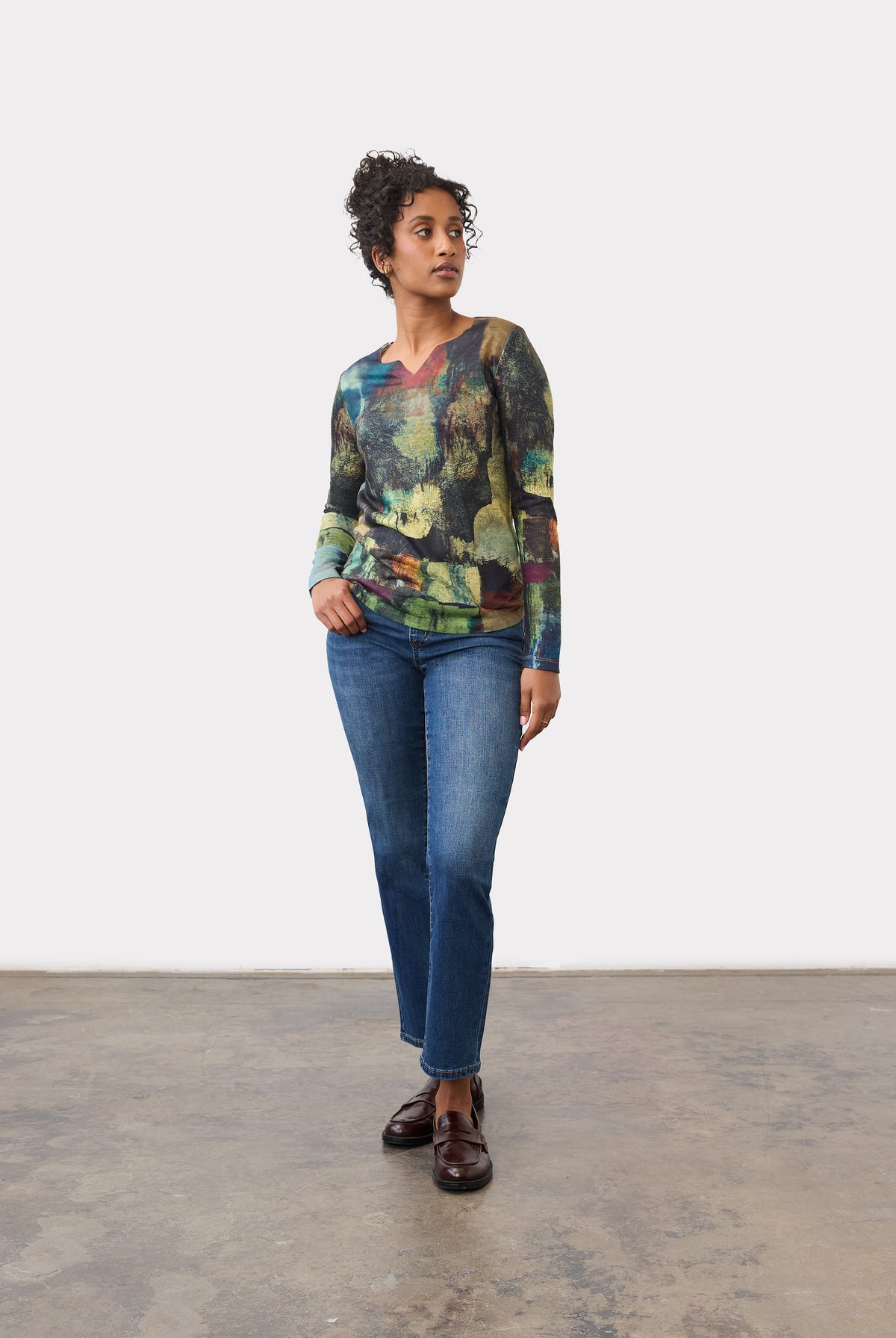 Full body view of abstract print top with jeans and loafers by French Dressing Jeans (FDJ)