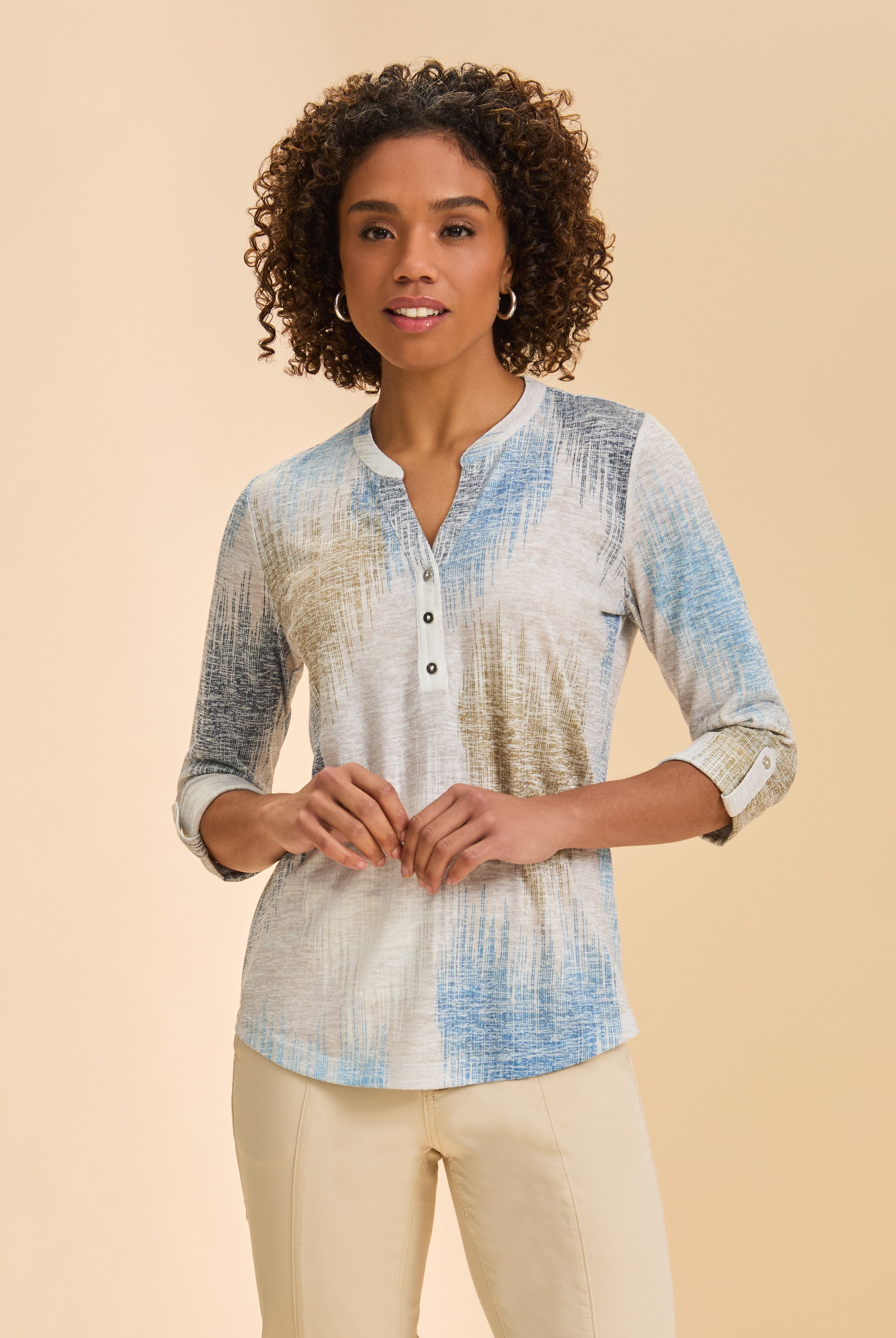 Front view of blue and beige patterned top with button detail by French Dressing Jeans (FDJ)
