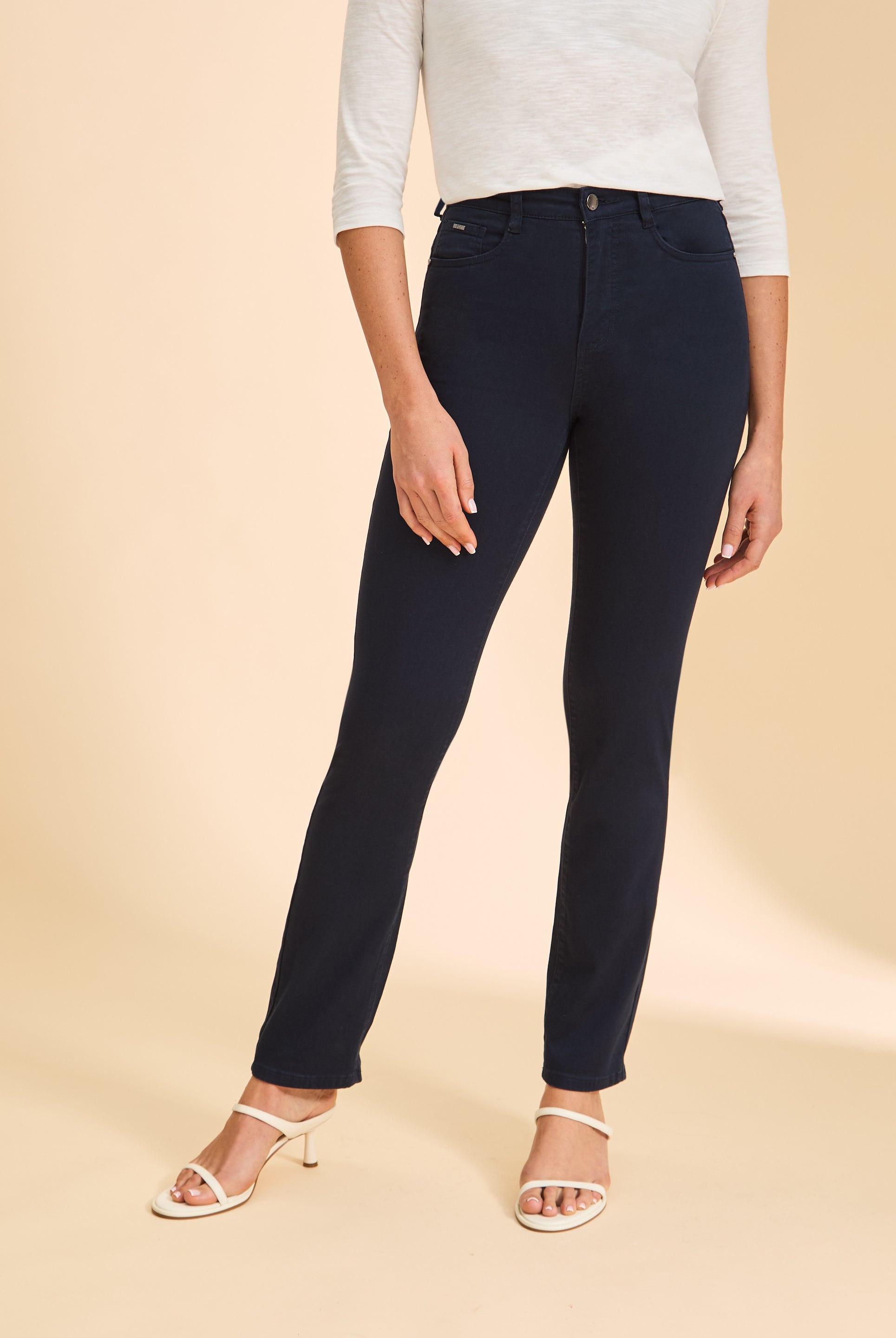 Close-up front view of navy straight-leg jeans, showing sleek fit by French Dressing Jeans (FDJ)