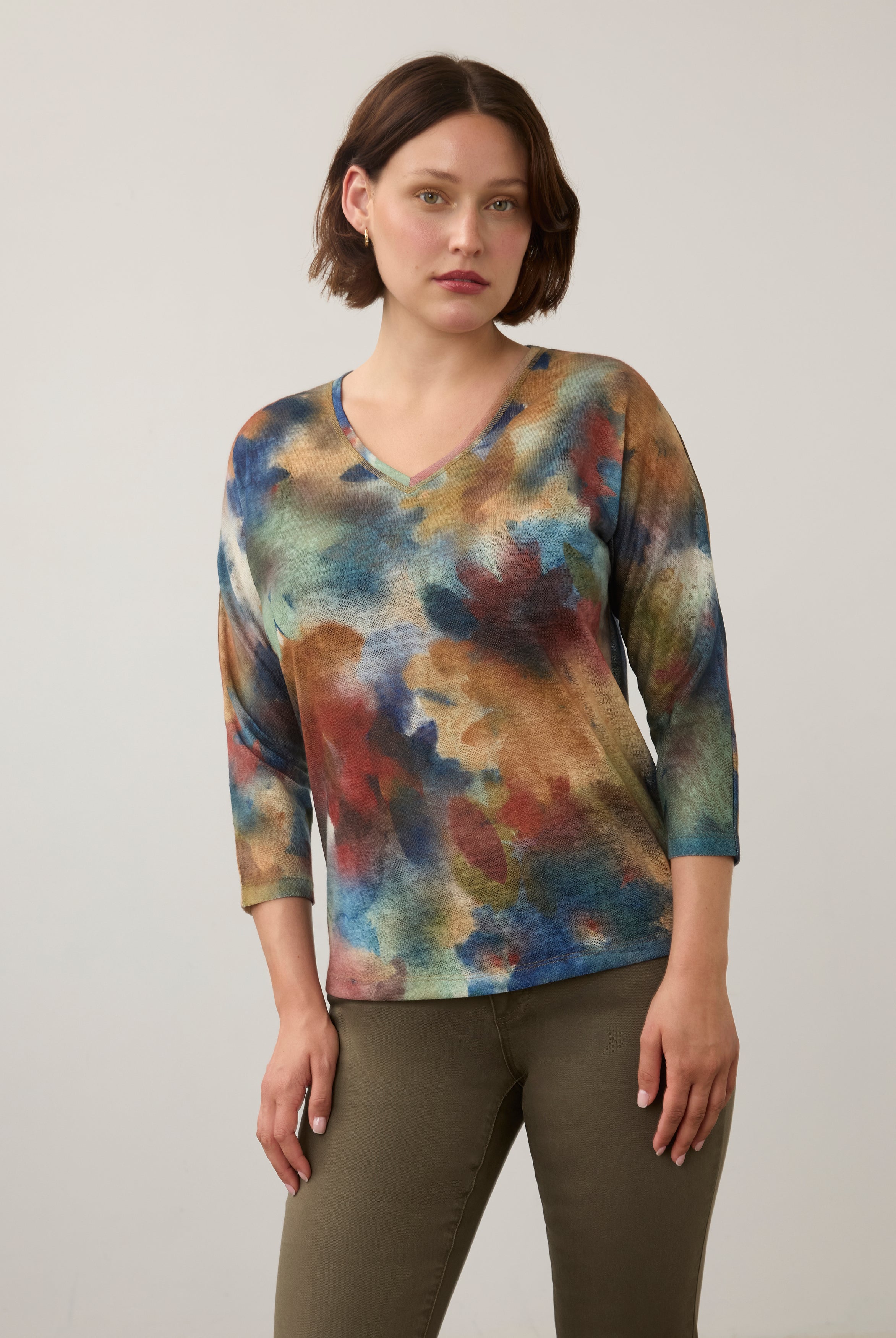Front view of Henley top with watercolor design, V-neck and 3/4 sleeves by French Dressing Jeans (FDJ)