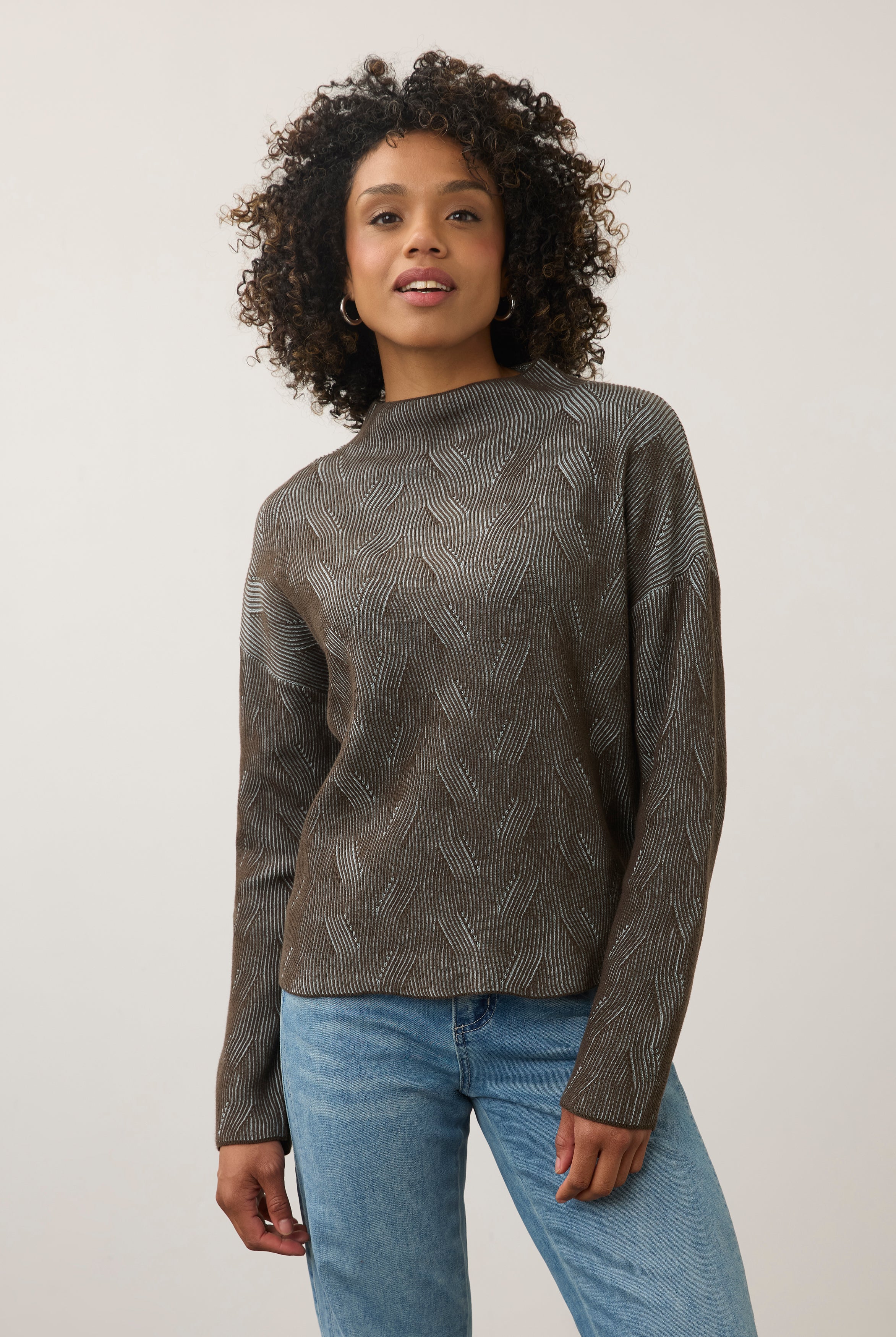 Front view of brown long sleeve top with patterned texture by French Dressing Jeans (FDJ)
