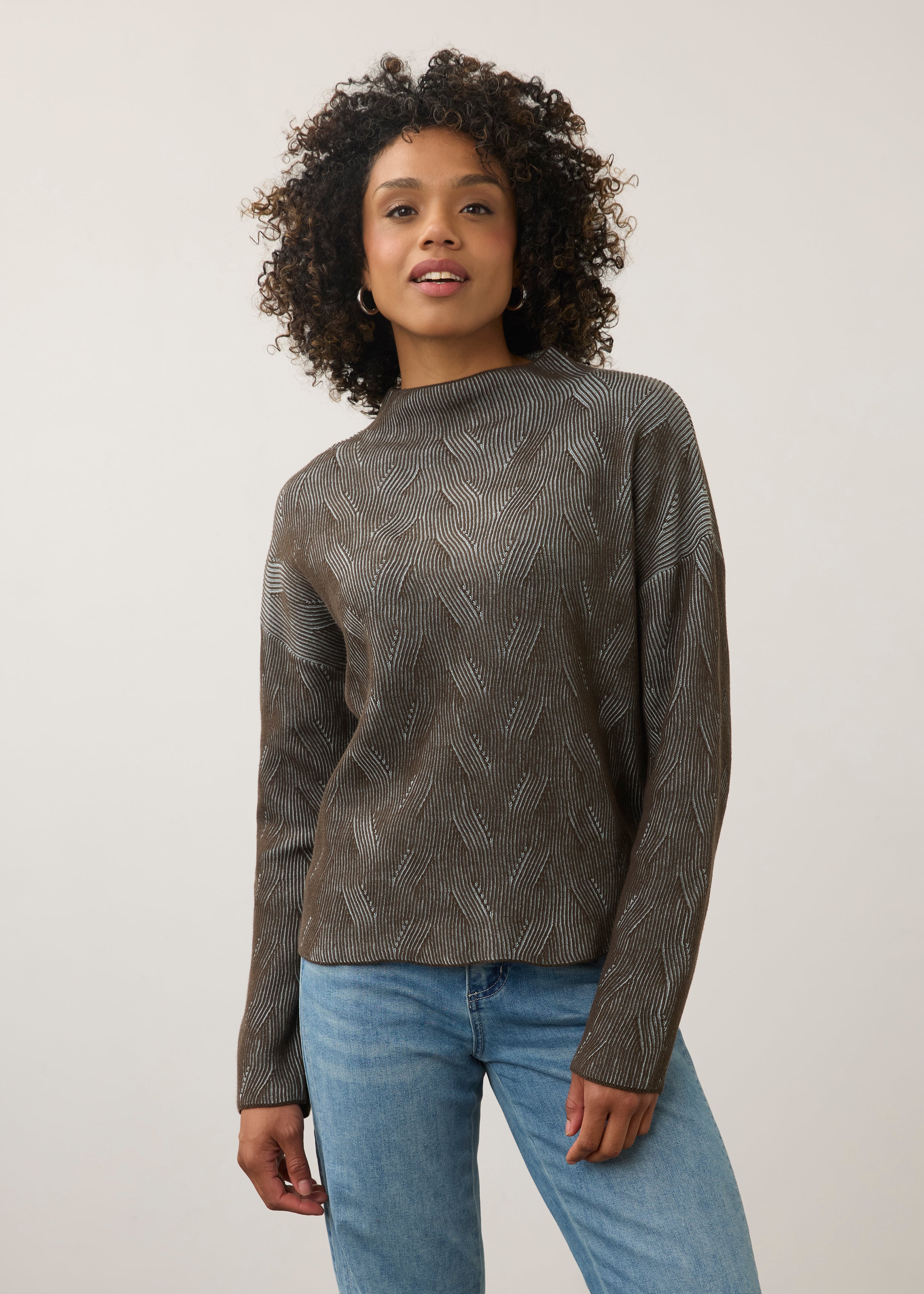 Front view of brown long sleeve top with patterned texture by French Dressing Jeans (FDJ)