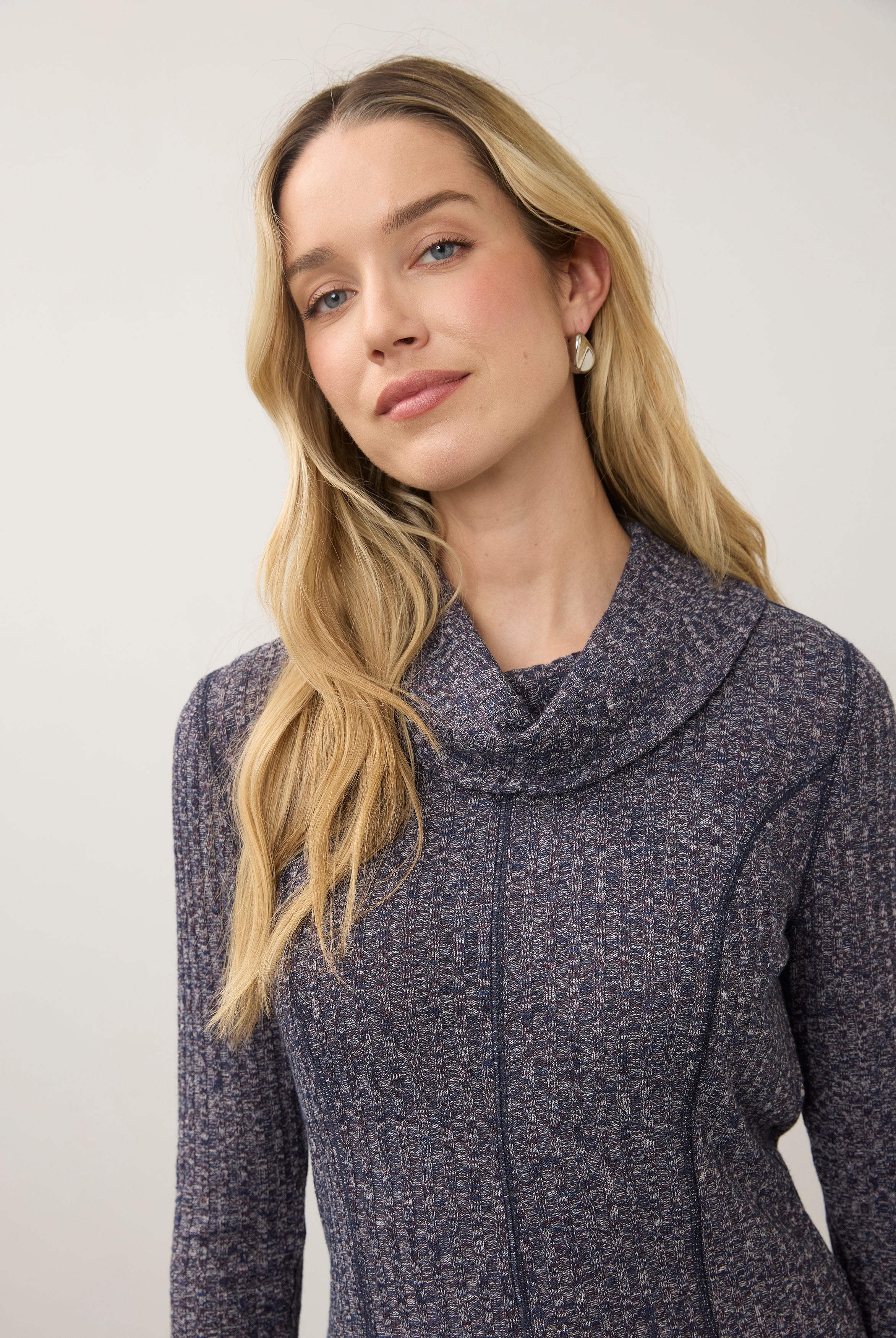 Close-up of blue cowl neck top highlighting cowl detail by French Dressing Jeans (FDJ)