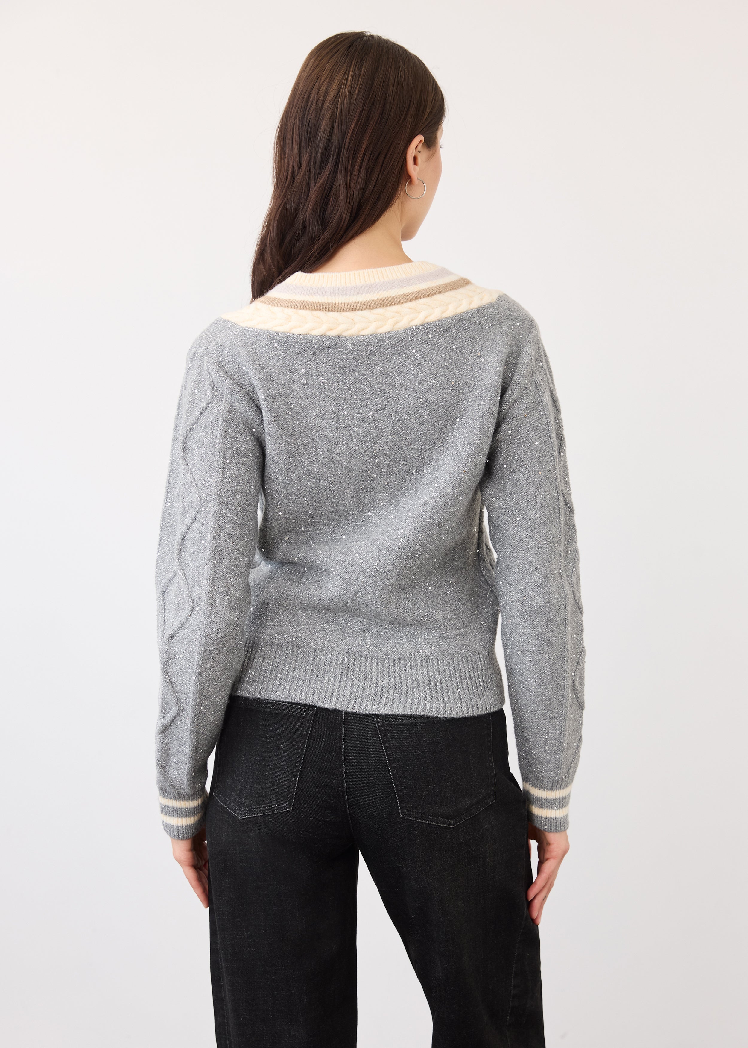 Back view of gray Sparkle V-neck sweater highlighting ribbed hem and cuffs by French Dressing Jeans (FDJ)
