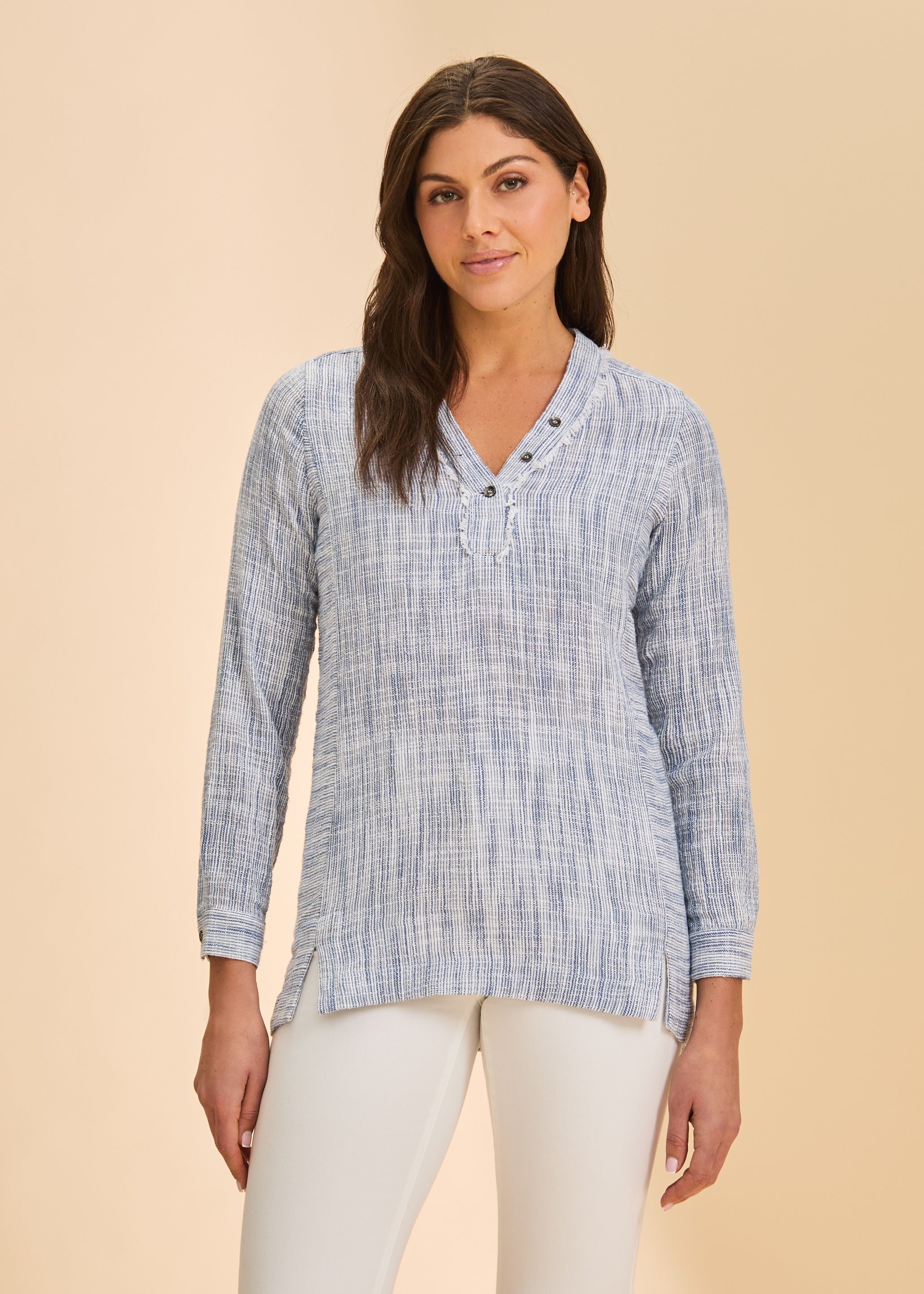 Front view of striped blue tunic with v-neck and button detail by French Dressing Jeans (FDJ)
