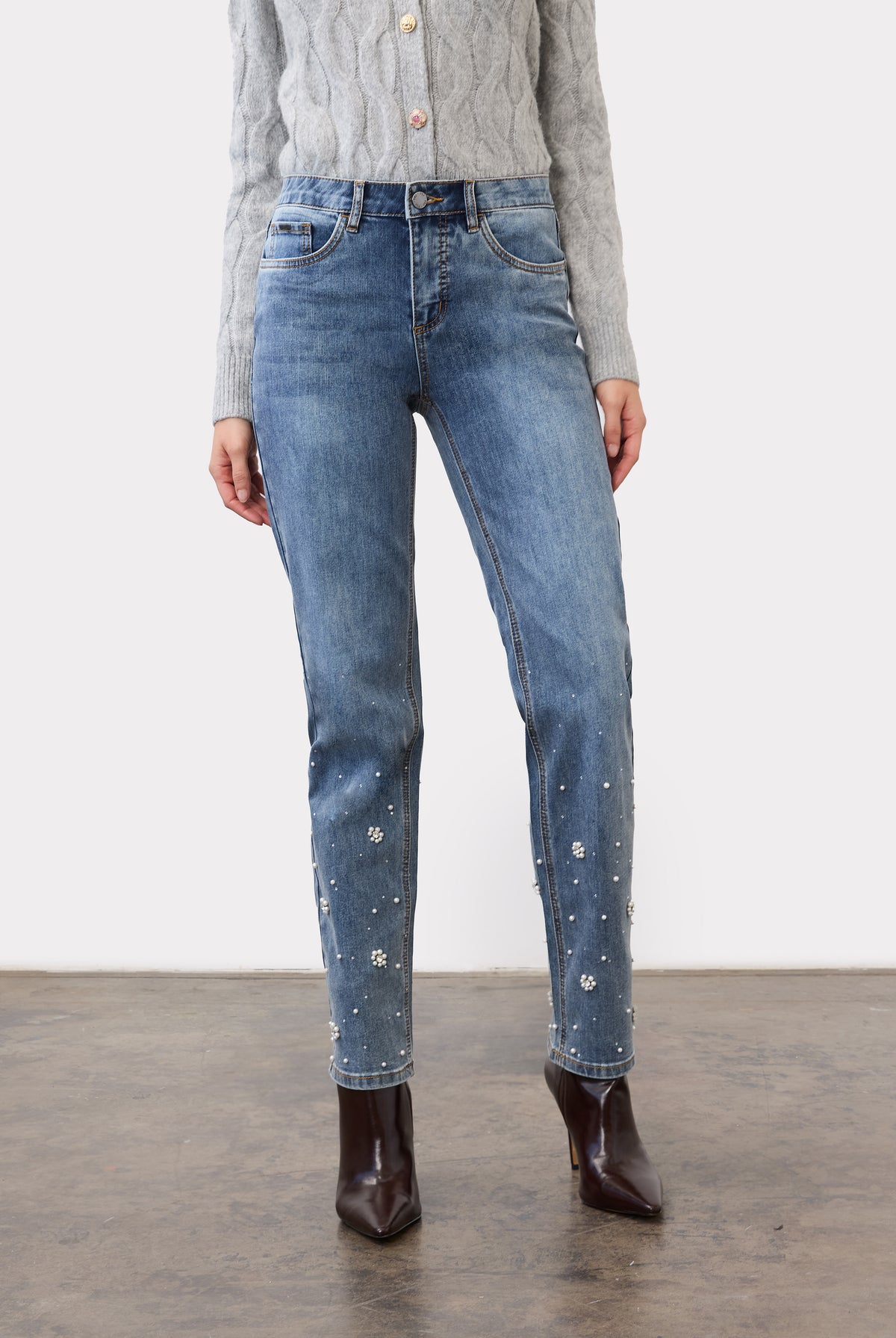 Front view of indigo jeans with pearl embellishments on straight leg by French Dressing Jeans (FDJ)