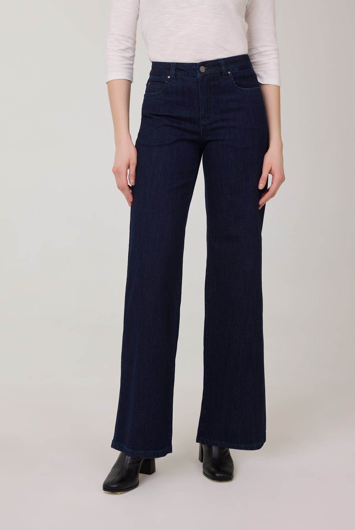 Front view of high-rise dark jeans with wide-leg in Delight color by French Dressing Jeans (FDJ)