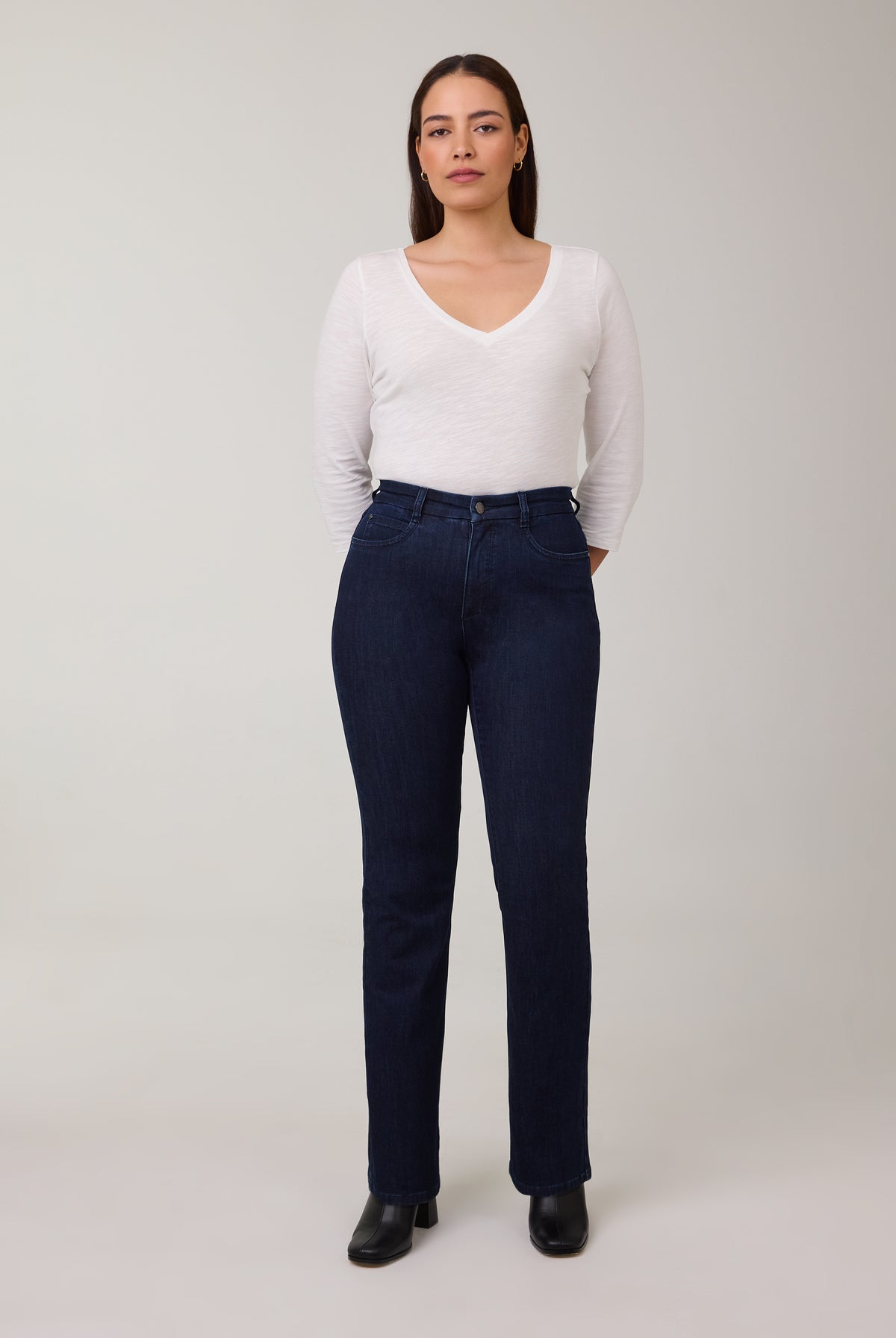 Model in vibrant Delight straight leg jeans with white top by French Dressing Jeans (FDJ)