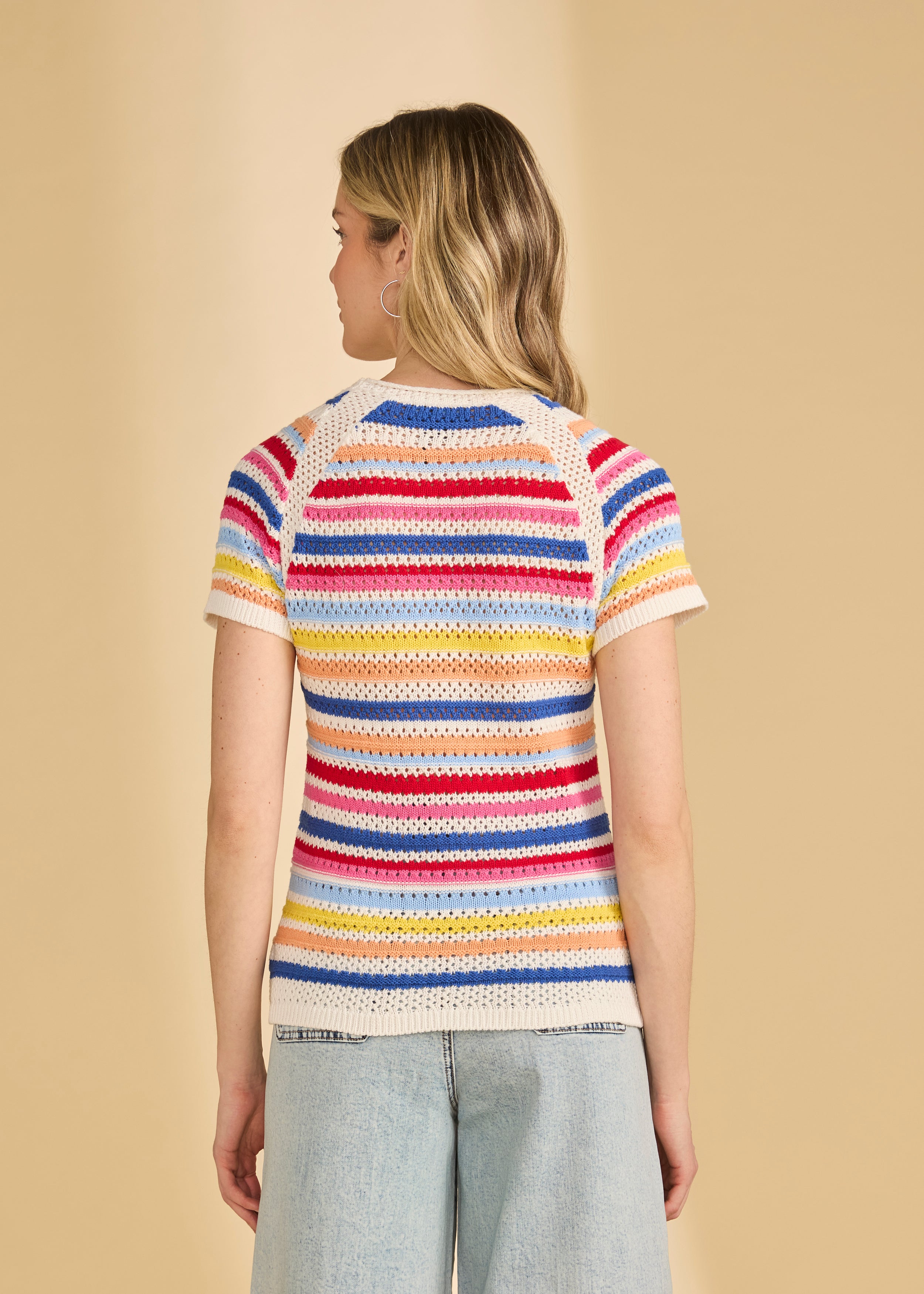 Back view of multi-color stripe sweater showing raglan cap sleeves by French Dressing Jeans (FDJ)