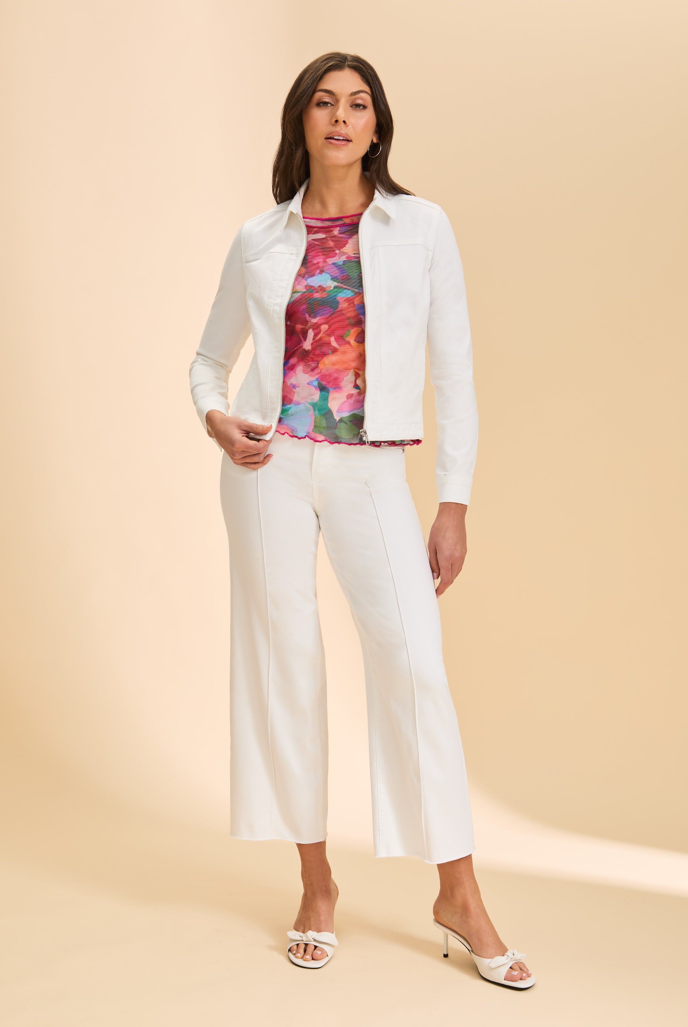 White jacket with floral top and pants full view by French Dressing Jeans (FDJ)